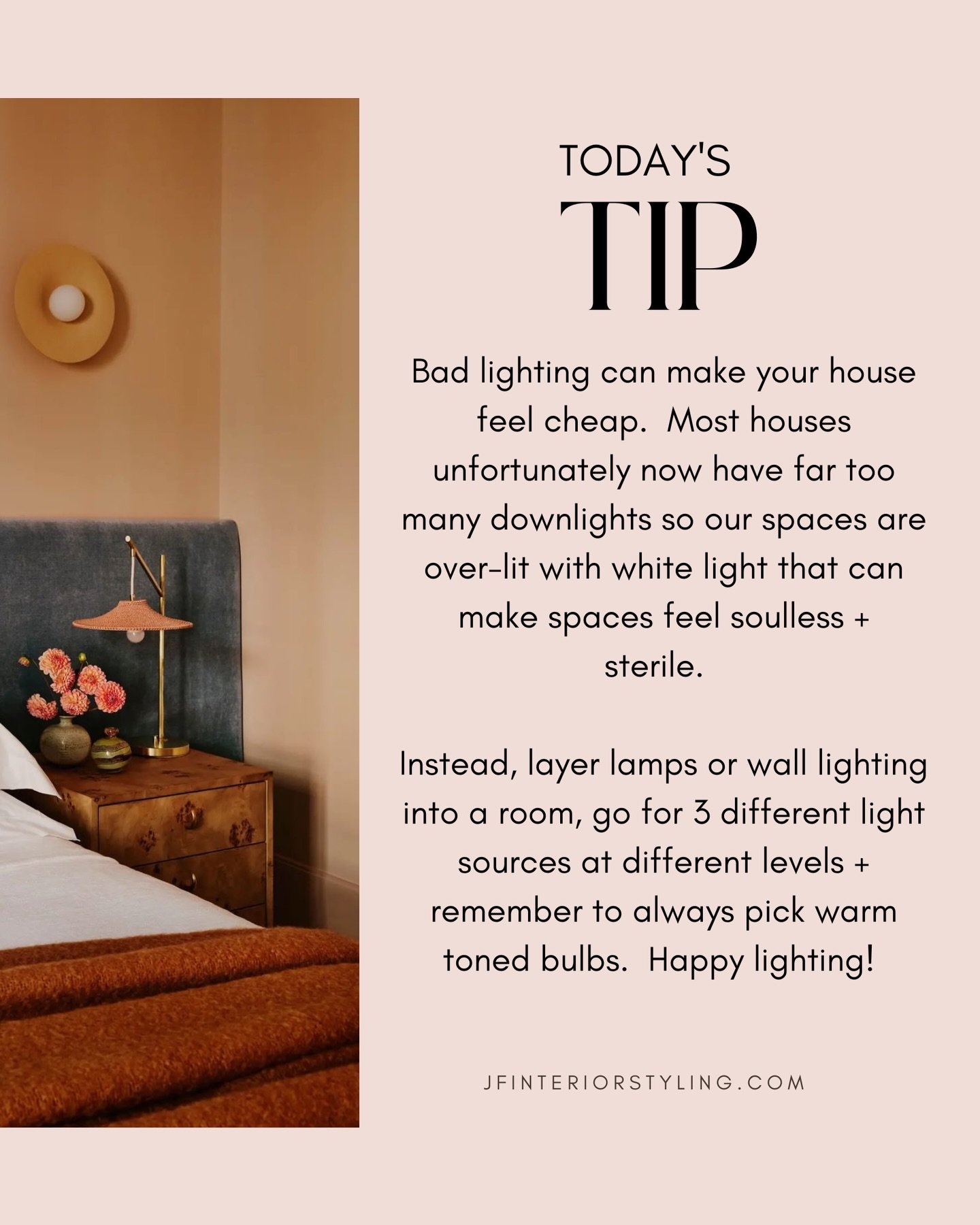 Lighting is something so many people forget as we assume we are hamstrung by the lights our spaces come with.  However, instead of always using the down lights, layer in freestanding + table lamps or even add wall sconces (you can get plug-in or wire