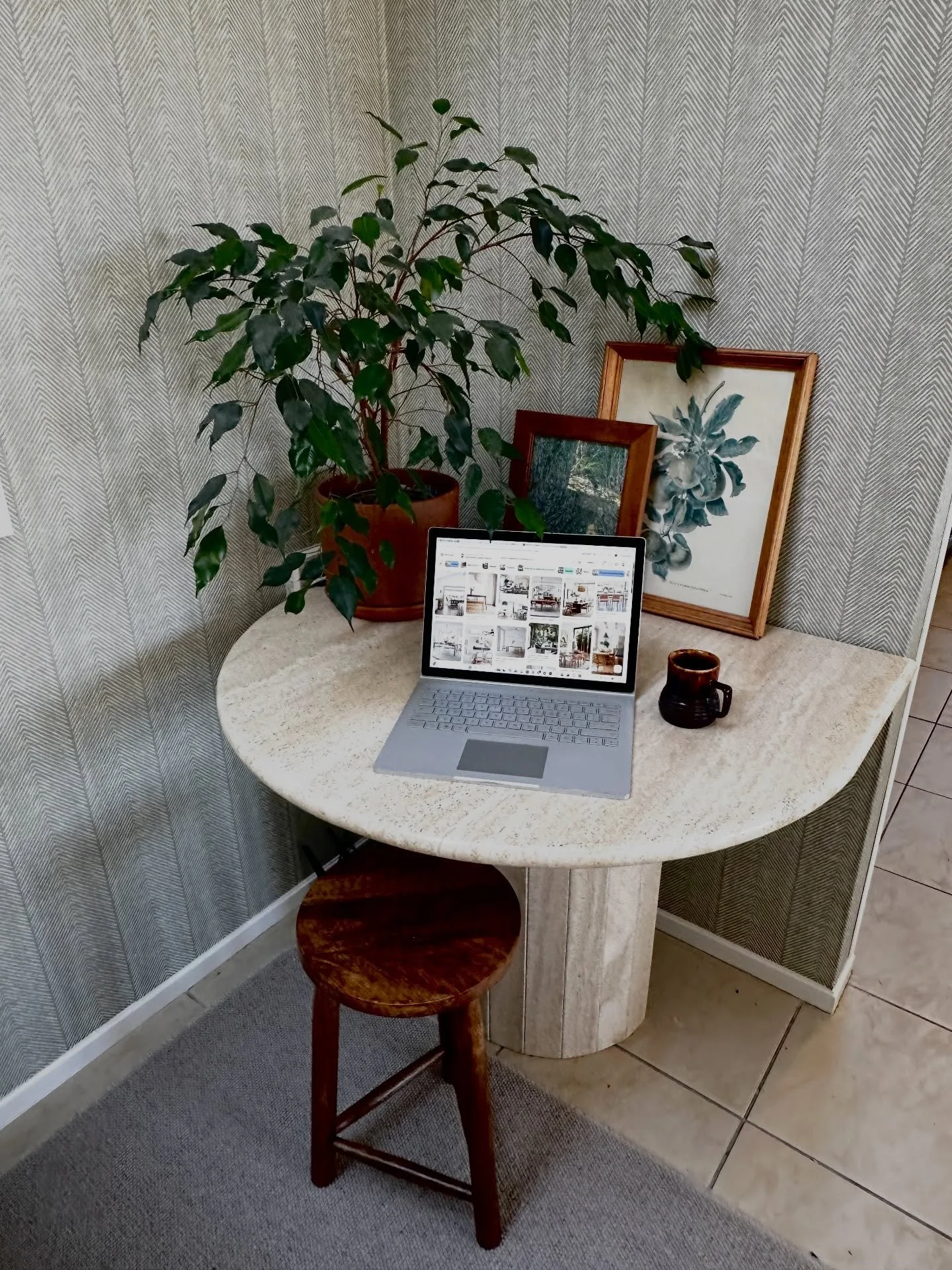 This little corner is in the &lsquo;kids lounge&rsquo; + it&rsquo;s now the spot my daughter does her homework each night.  Instead of making it feel really &lsquo;officey&rsquo; I went for a rounded travertine sideboard I found second hand + added a