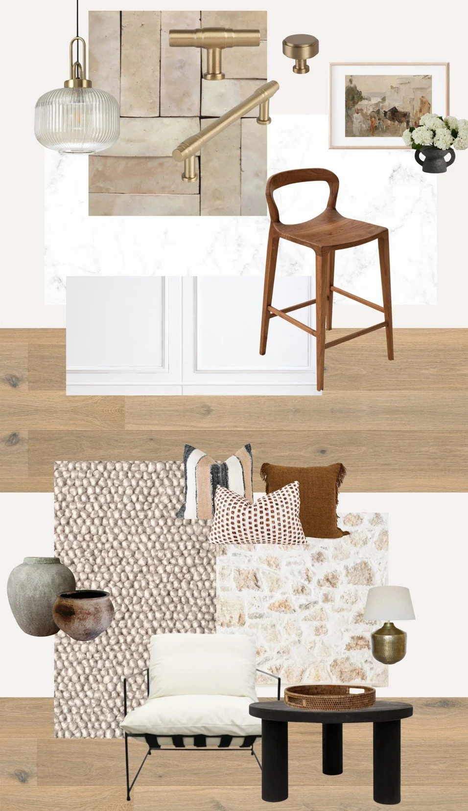 Interior design mood board with various textures, furniture, and decor items including wall art, pillows, vases, lamps, and wood flooring.