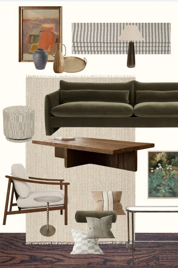 A collage of furniture and decor items, including a framed abstract painting, vases, a table lamp, a green sofa, a wooden coffee table, a white armchair with wooden arms, a small stool, cushions, and a painting of flowers.
