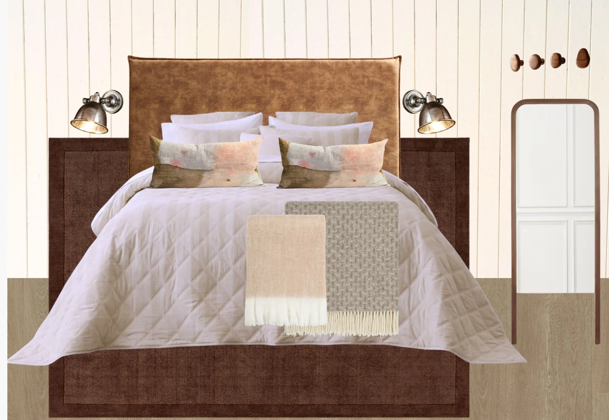 A neatly made bed with white quilt, five white pillows, and two decorative pillows with a muted abstract pattern. The bed has a tan upholstered headboard and is flanked by dark wooden nightstands with industrial-style metal lamps. The room has cream vertical paneling on the walls and features wooden hooks on the right side.
