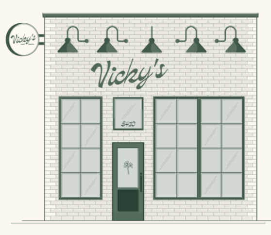 Line drawing illustration of the Vicky's All Day storefront at 5410 West Adams Blvd, showing the brick facade, large windows, gooseneck lights, and Vicky's signage.
