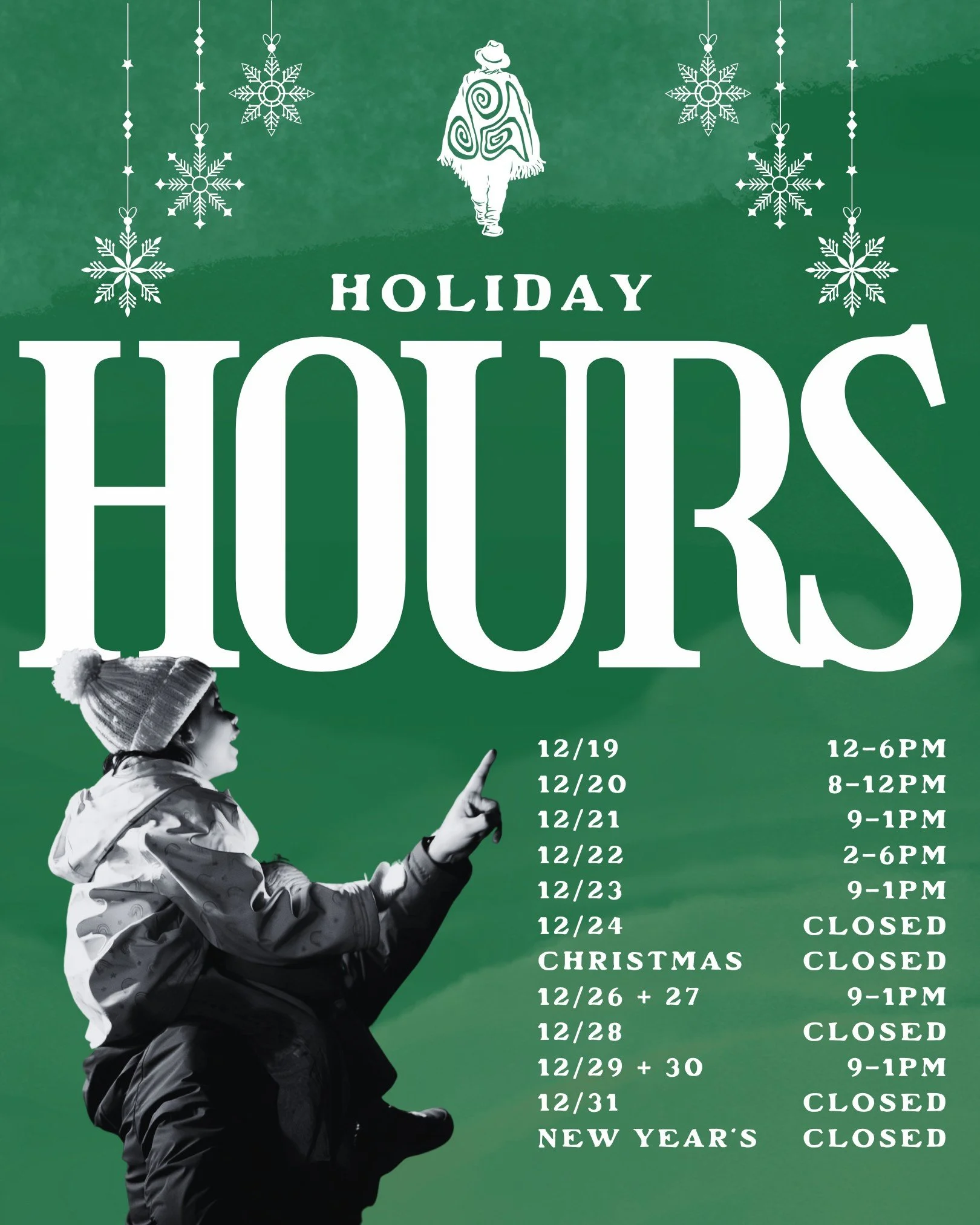 ❄❄❄ UPDATED HOLIDAY HOURS ❄❄❄

For all the last-minute holiday shoppers (don&rsquo;t worry&mdash;I&rsquo;m one of you), we&rsquo;re extending our hours over the next few weeks leading up to New Year&rsquo;s.

We truly believe there&rsquo;s something 