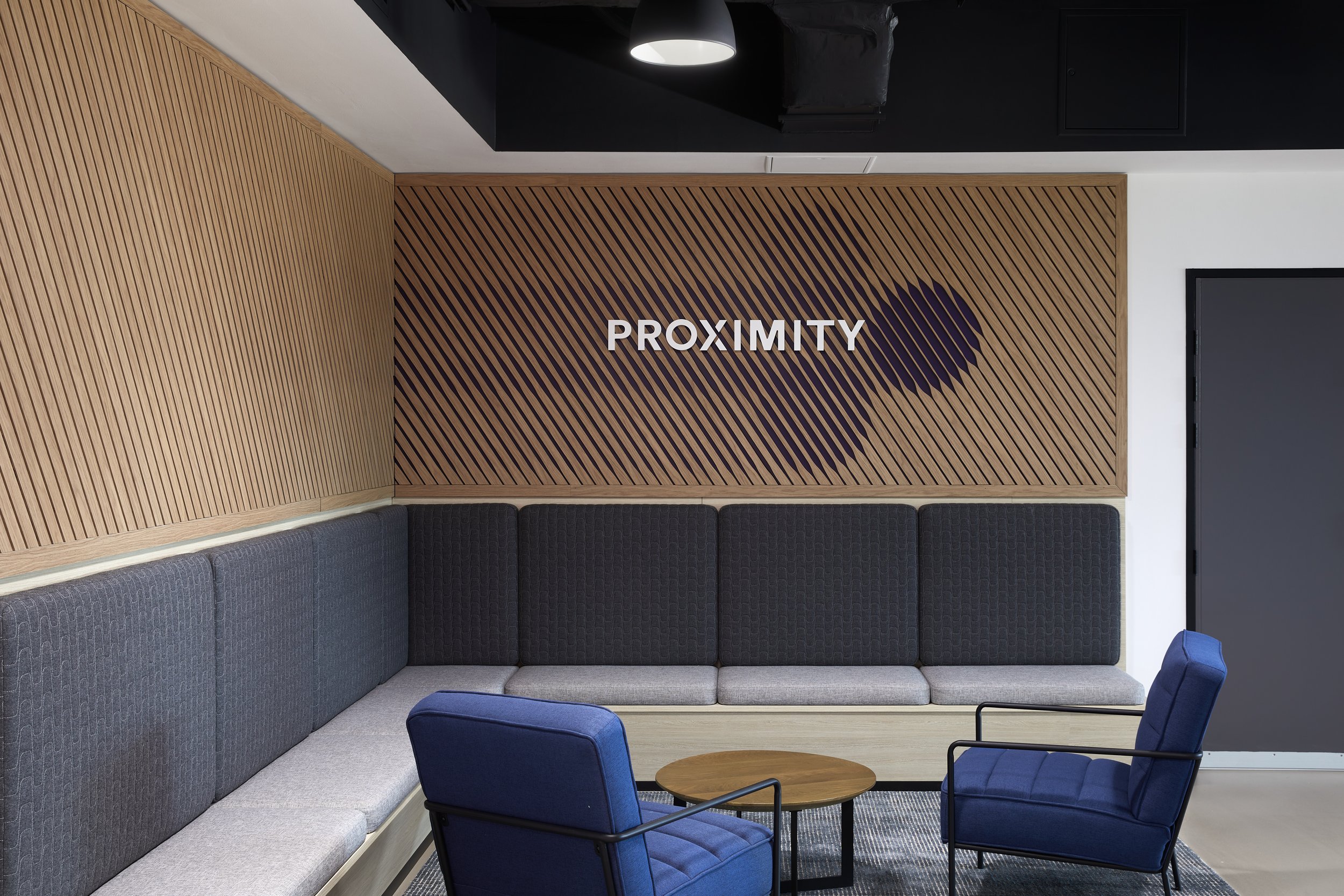 The team at Proximity are their clients ultimate sidekick. Their office graphics package and signage is all about celebrating these unsung heroes. Brand elements have been cleverly weaved through the space using a wide spread of materials, technologi