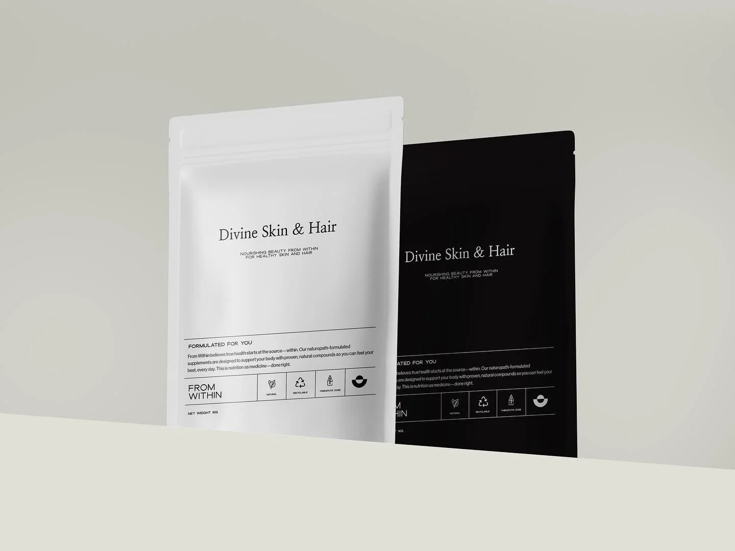 Packaging design concepts for From Within

Although these supplements aren&rsquo;t quite "off the shelf" yet, we wanted the packaging to exude an elevated, professional feel like they belong on the shelves of a trusted brand. 

Personally f