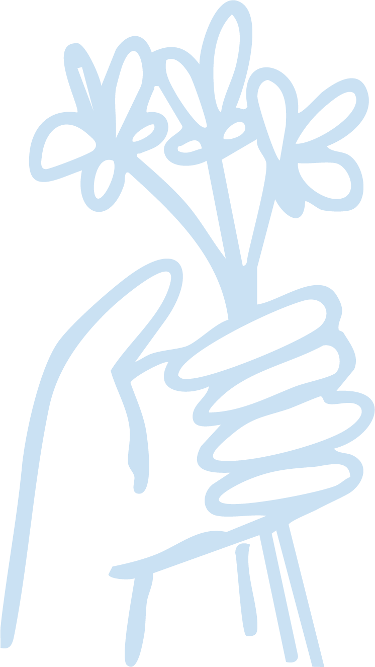 Line drawing of a hand holding a vase with flowers.