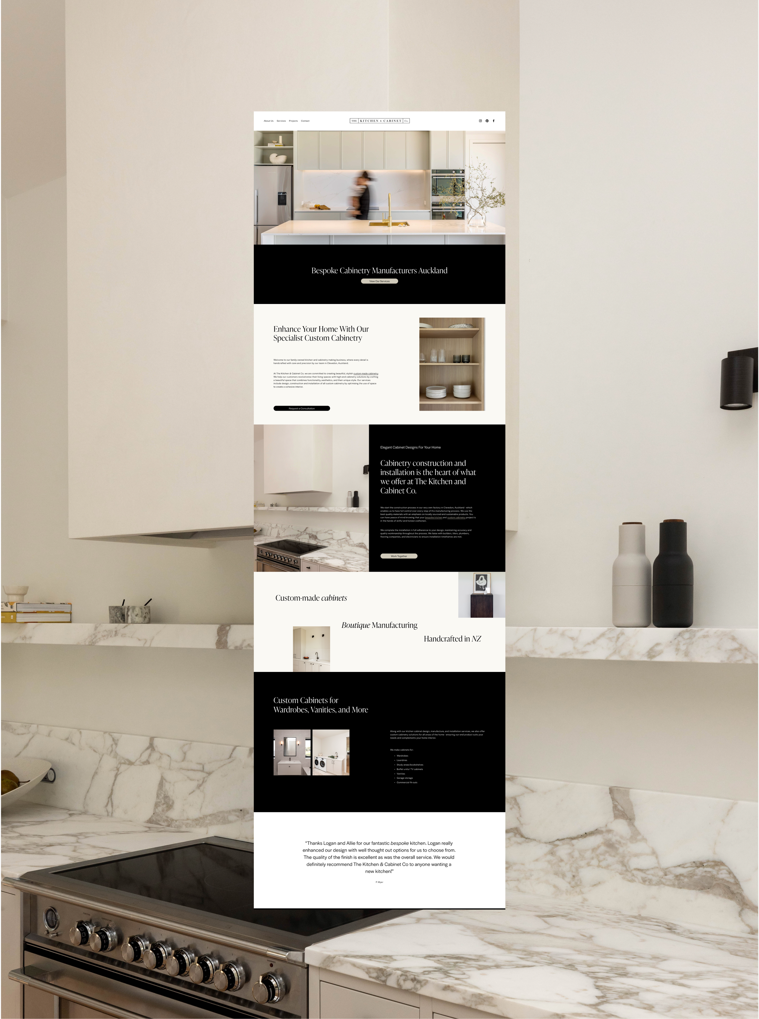 A digital screenshot of a furniture company's website, overlaid onto a kitchen background with marble countertops and minimalist decor, including black, beige, and white vases.
