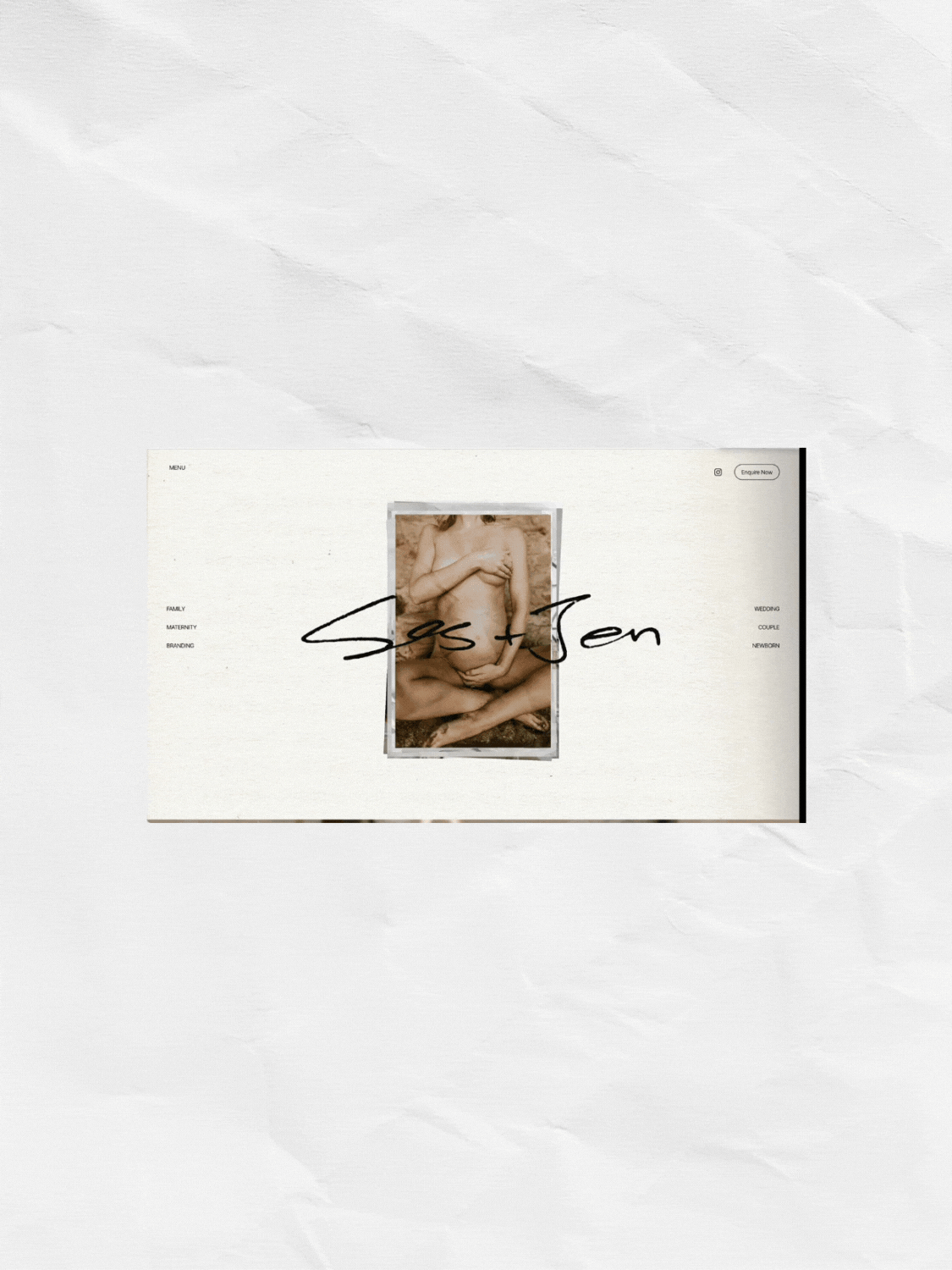 A webpage with a photo of a nude person, with a handwritten style text overlay of "Sas + Jen". The page has menu options on the left and right sides.