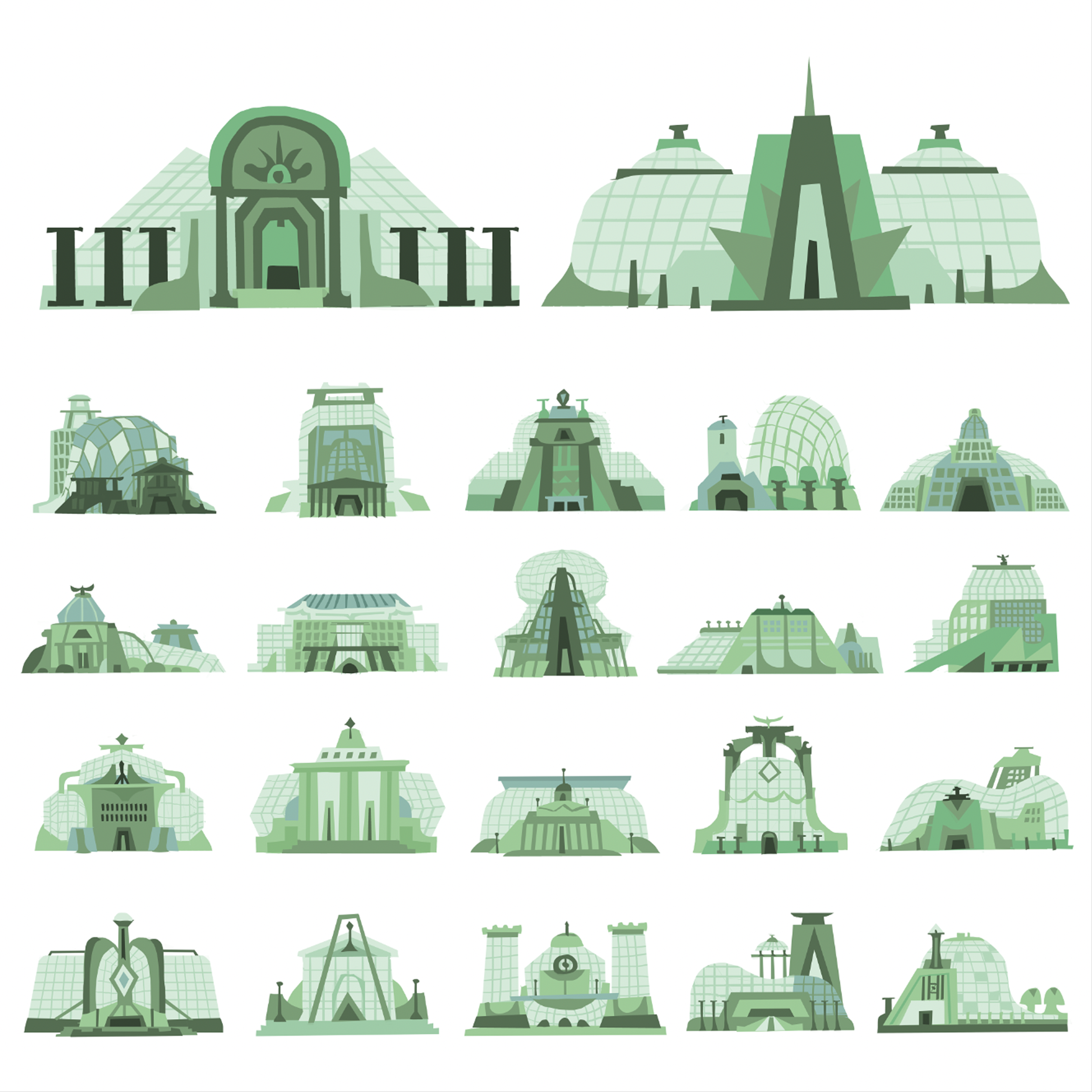 Various stylized green buildings and structures, including futuristic and architectural designs, arranged in a tiled pattern.