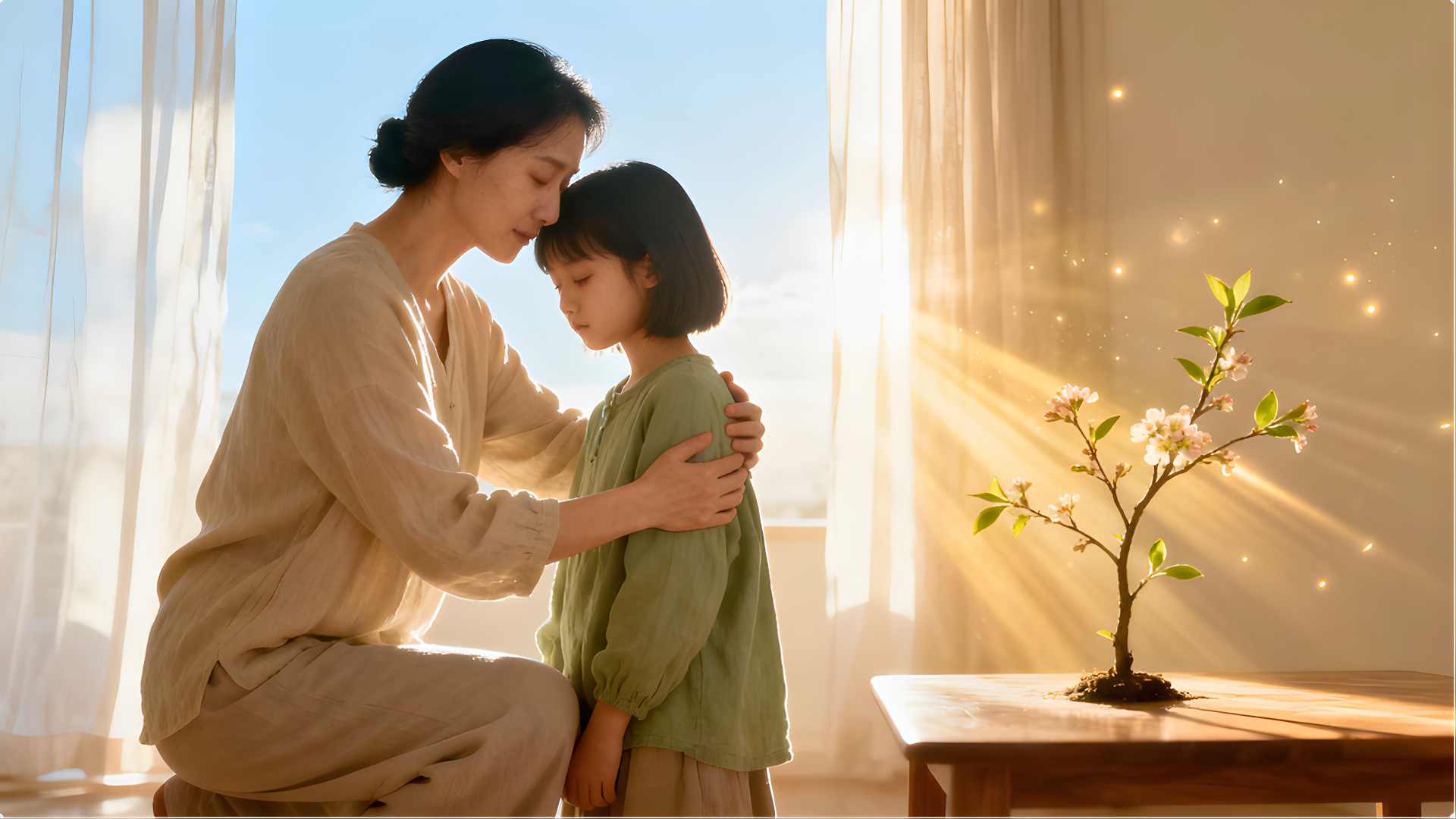 Parent and child sharing a healing moment with sunlight and a blooming plant — emotional healing therapy in San Antonio, TX.