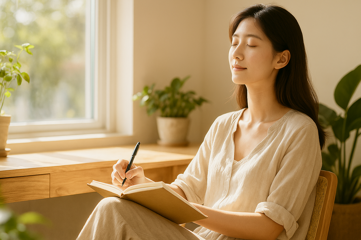 Woman journaling peacefully after therapy in San Antonio, symbolizing balance between overthinking and intuition.