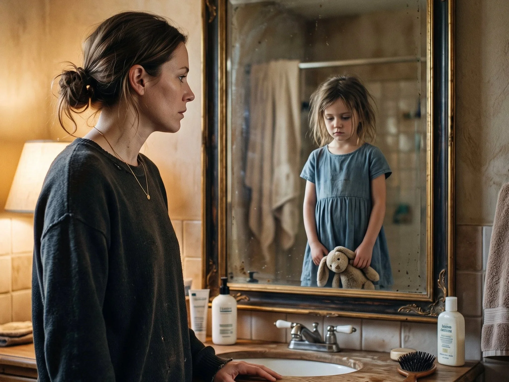 Image of an adult woman looking in bathroom mirror at the reflection of childhood self, depicting repressed childhood emotion and inner child work