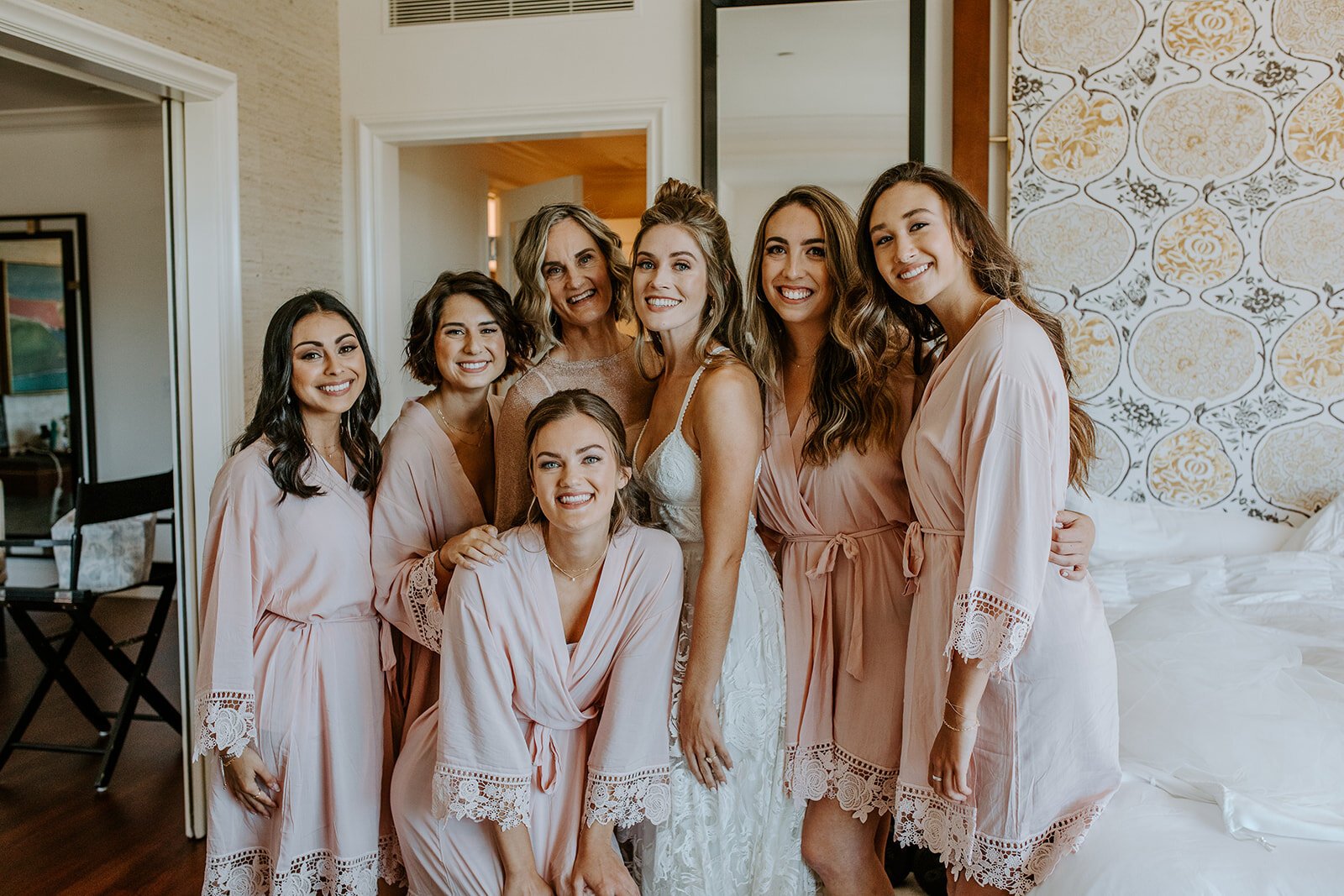 bride and bridal party hair and makeup ready for california beach wedding (Copy)