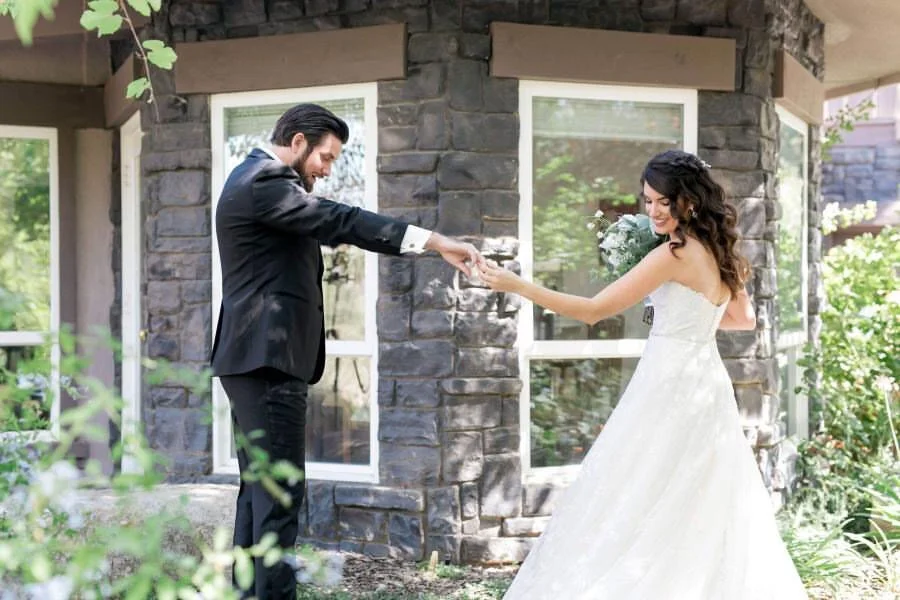adorable first look between bride and groom on their destination elopement day