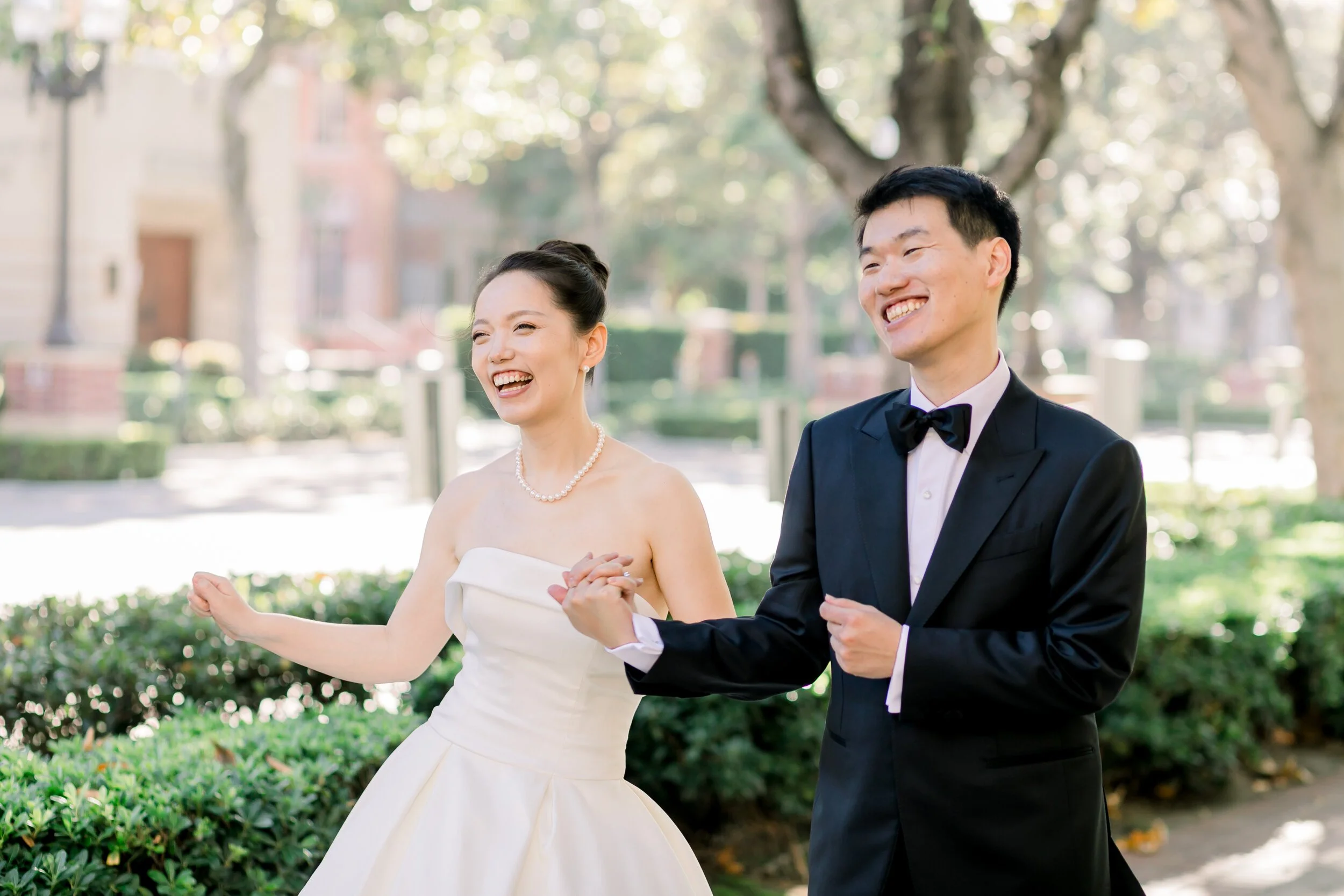 happy Downtown LA bride and groom before their micro wedding at kim sing theatre