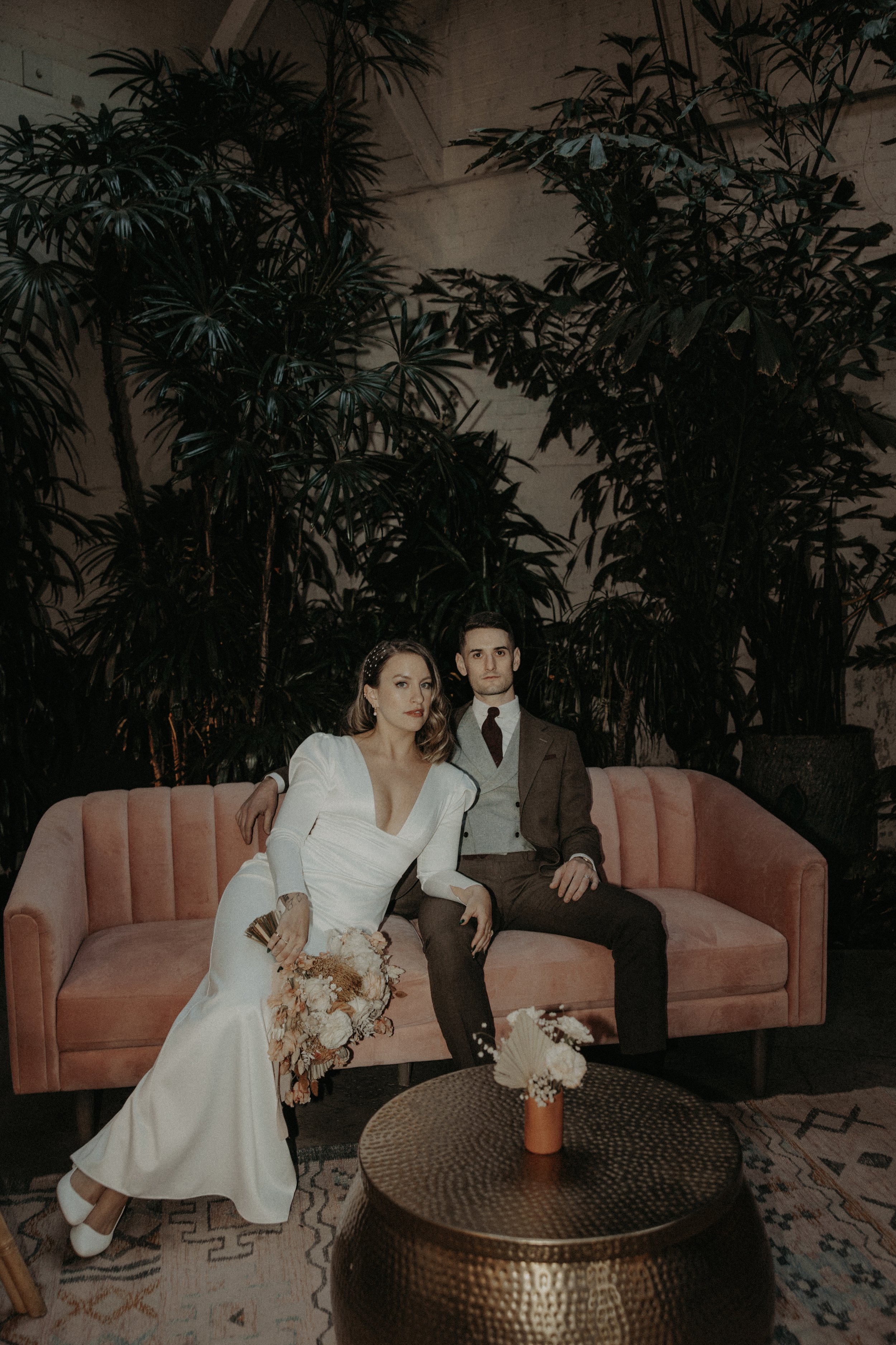 iconic bride and groom pose for their bridal portraits at millwick in DTLA