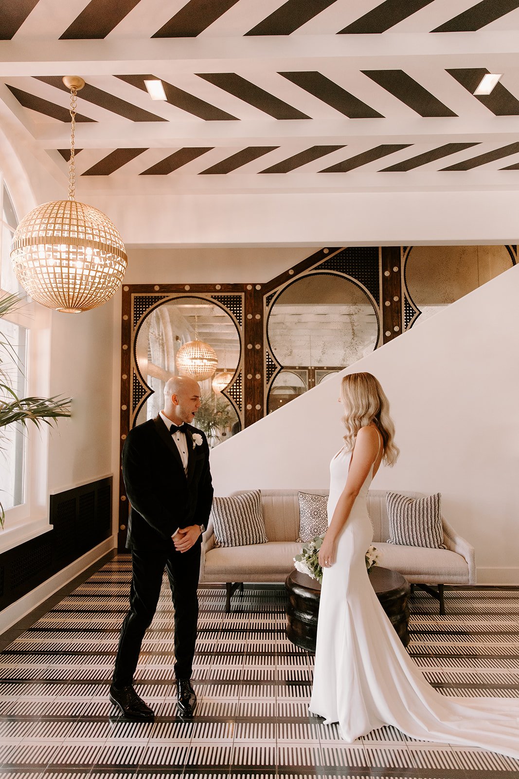bride and groom share first look moment at the hotel californian in santa barbara