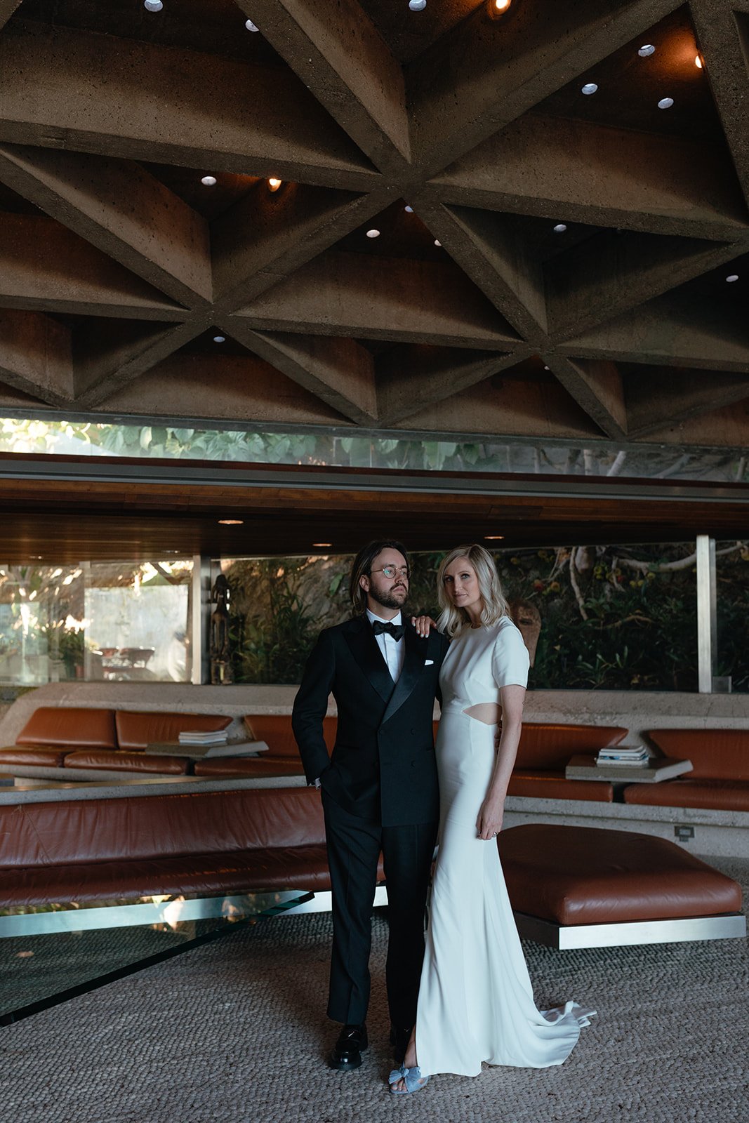 couple takes wedding portraits at the Sheats–Goldstein Residence in LA