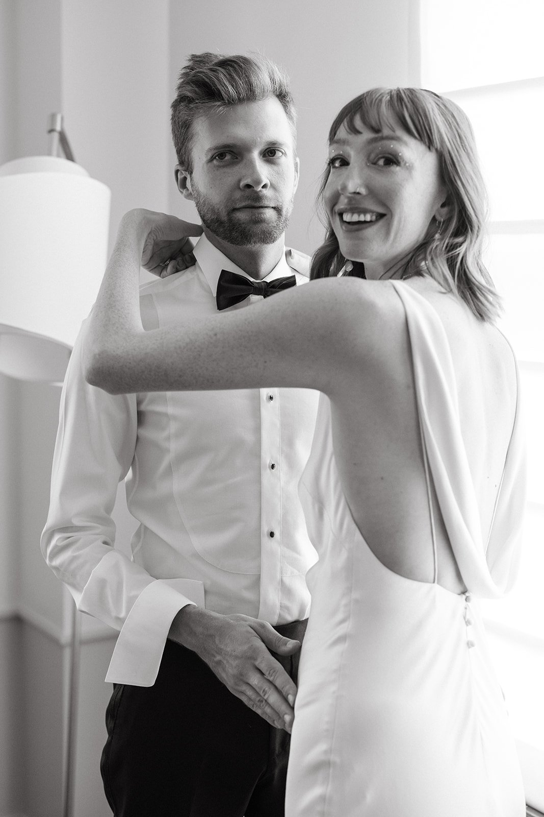 bride and groom get ready for their LA elopement together