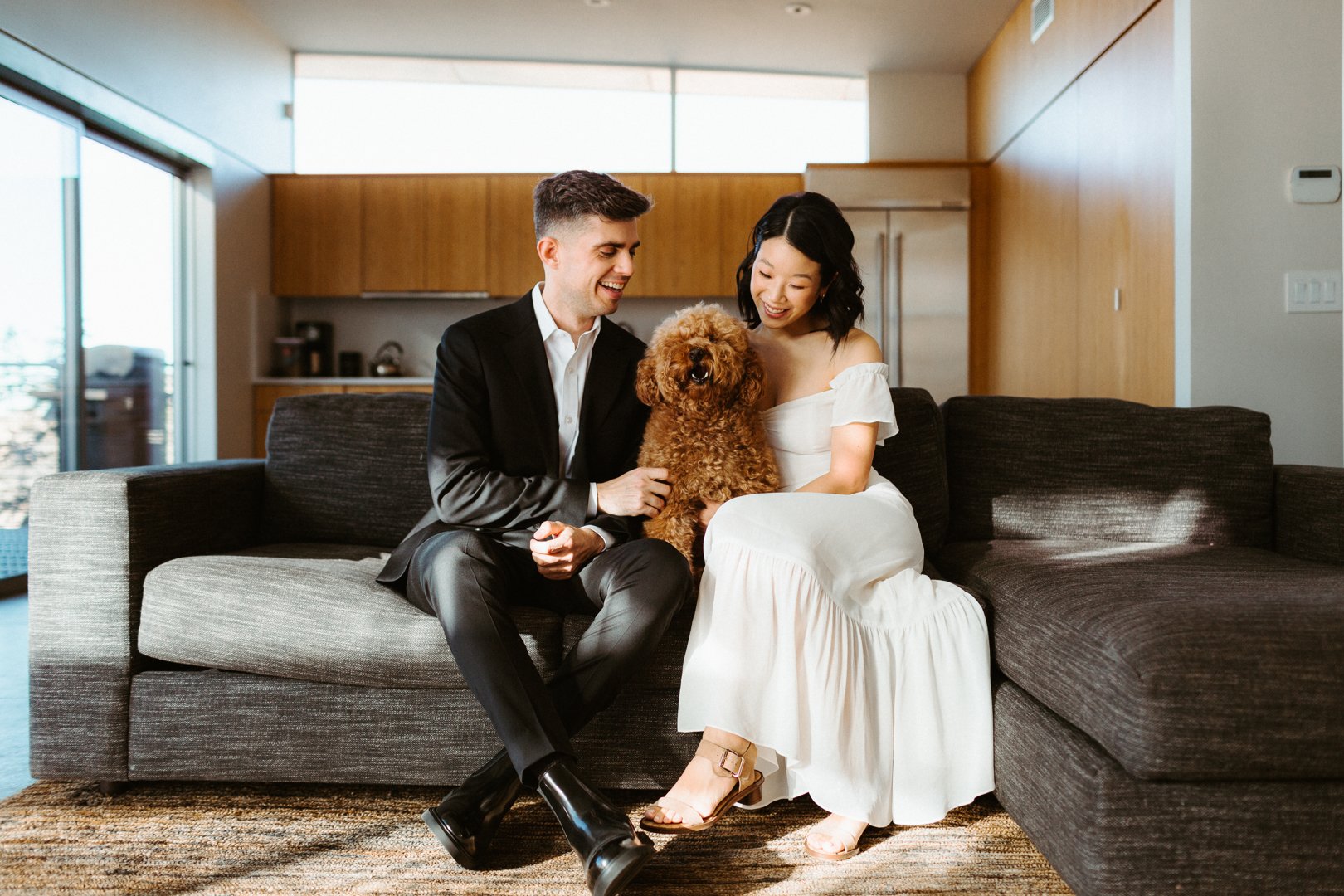 bride and groom bring golden doodle to their elopement 