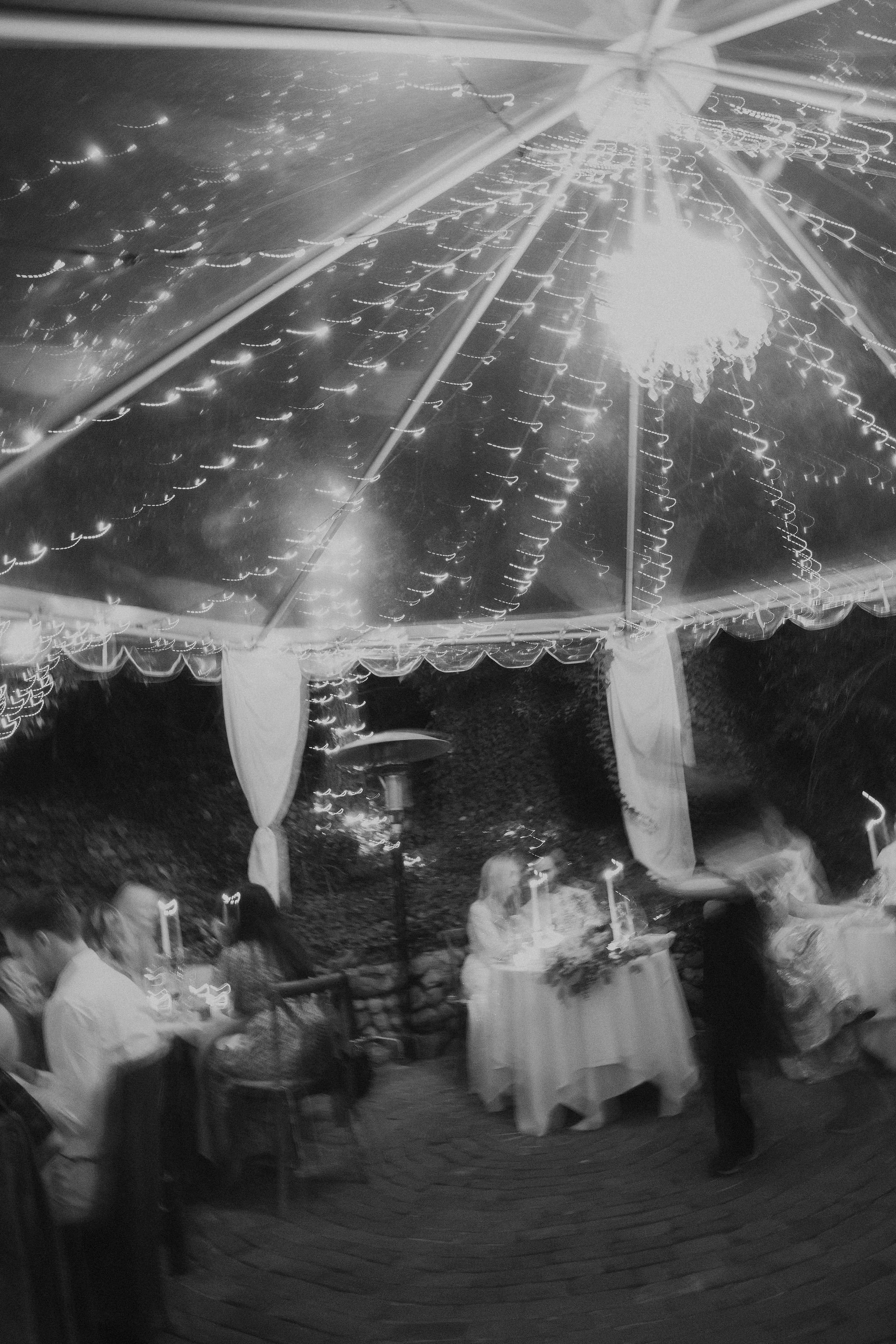 intimate wedding reception under the twinkle lights with guests at the inn of the seventh ray in topanga canyon, CA
