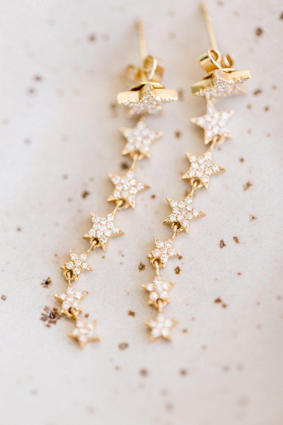 gold star dangle earrings for this bride's wedding day in pasadena, CA