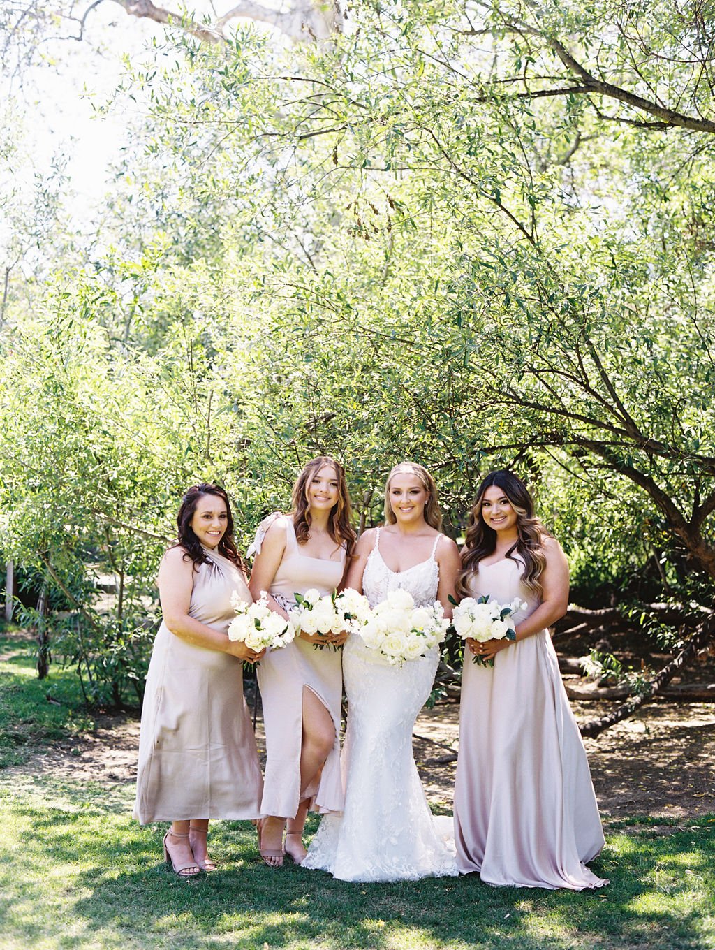 beautiful bridal party before classic and chic wedding at calamigos ranch, in malibu, california