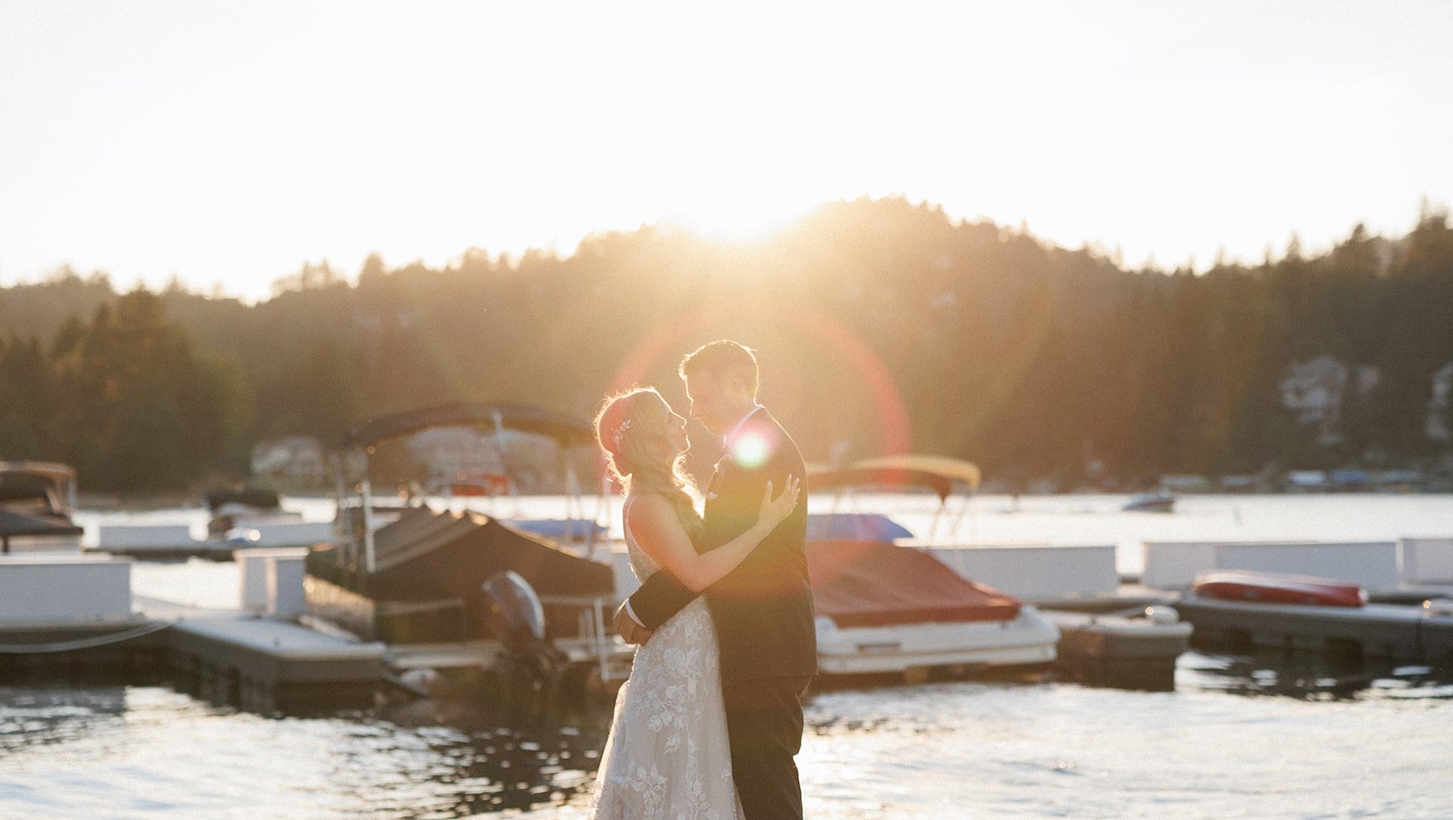 sunset photos on the lake for couple's lake arrowhead wedding