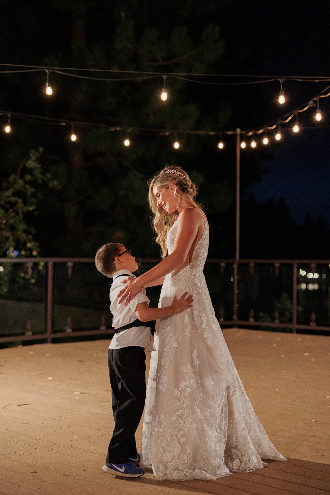 bride chooses to include a first dance with her son at her wedding reception in lake arrowhead, CA