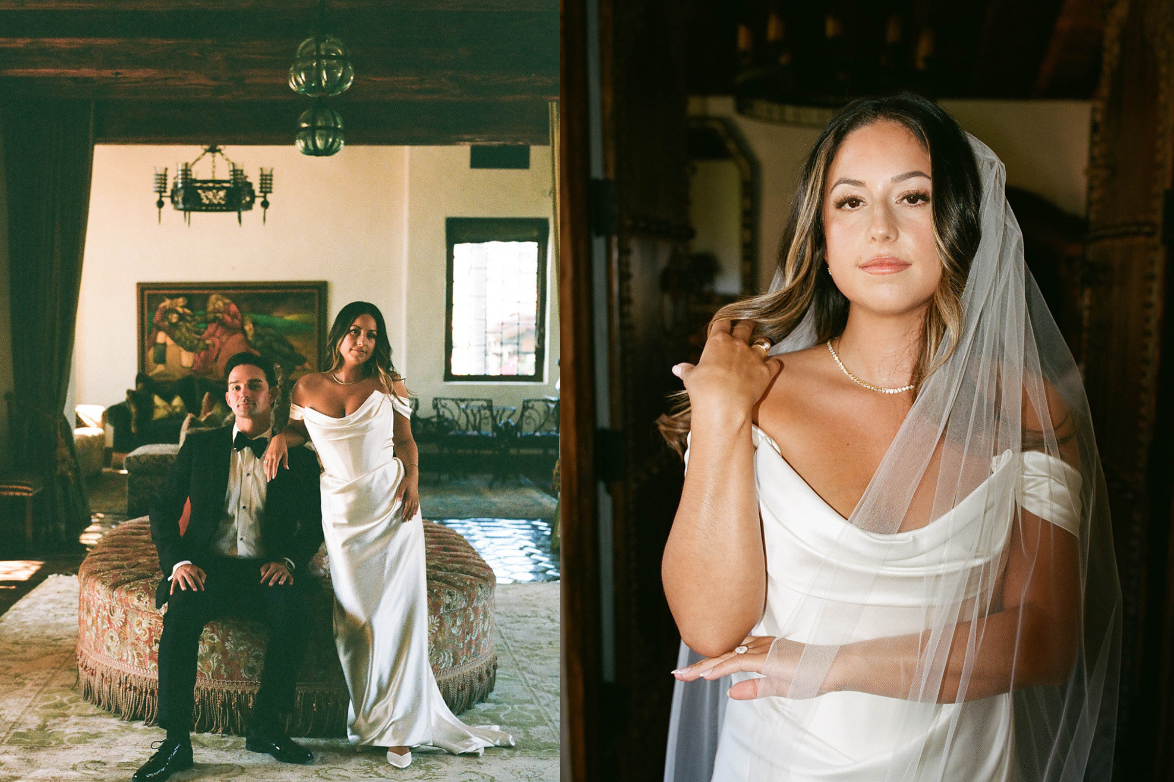 bride wearing off the shoulder wedding dress for malibu ceremony 