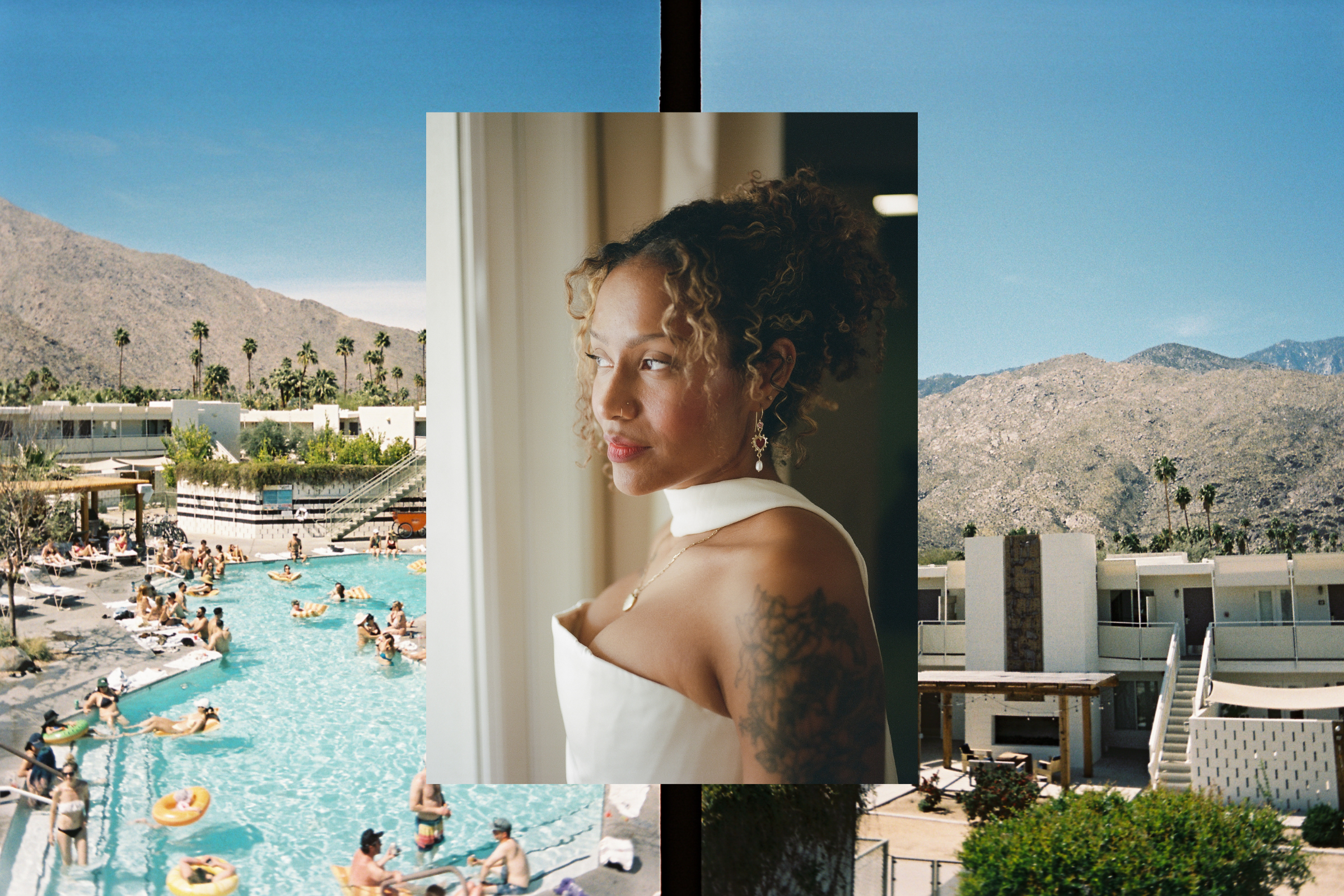 beautiful glowing makeup look on african american bride with curly updo bridal hairstyle for her palm springs wedding