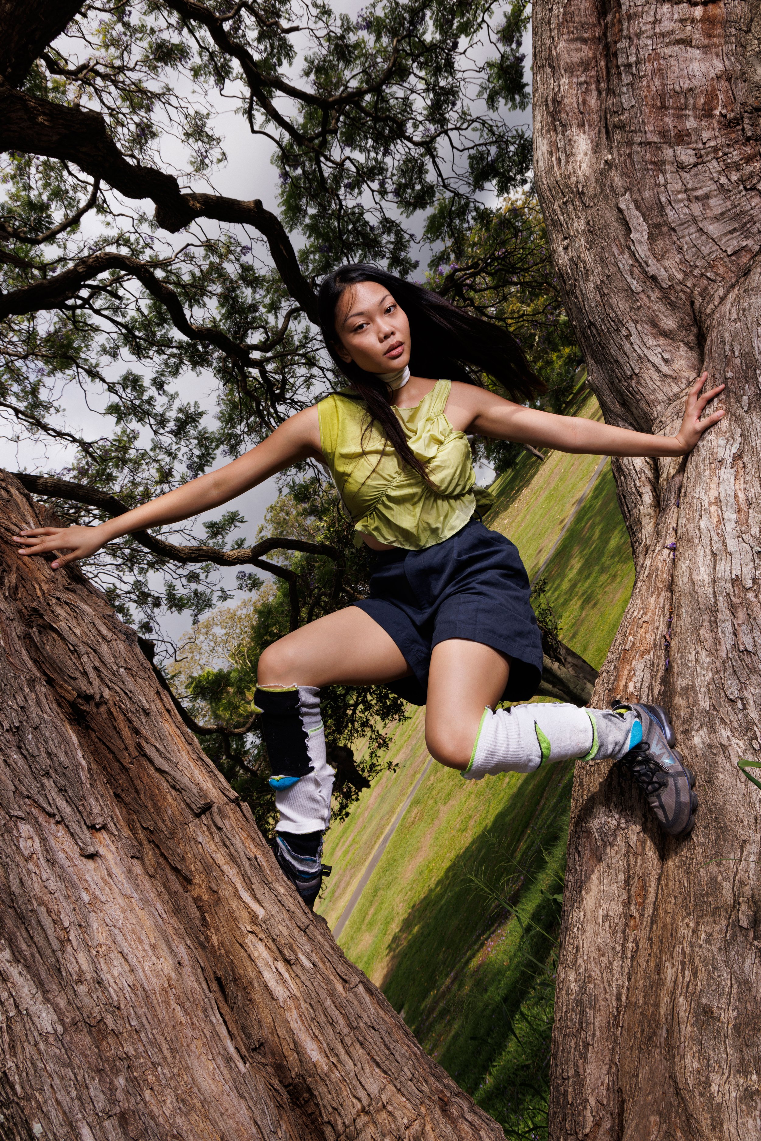 Handkerchief Top in Charteuse Ombre Silk/Cotton - composition 1 paired with Safari Shorts in Navy Linen Cotton and custom upcycled socks. Top and shorts available at all stockists.