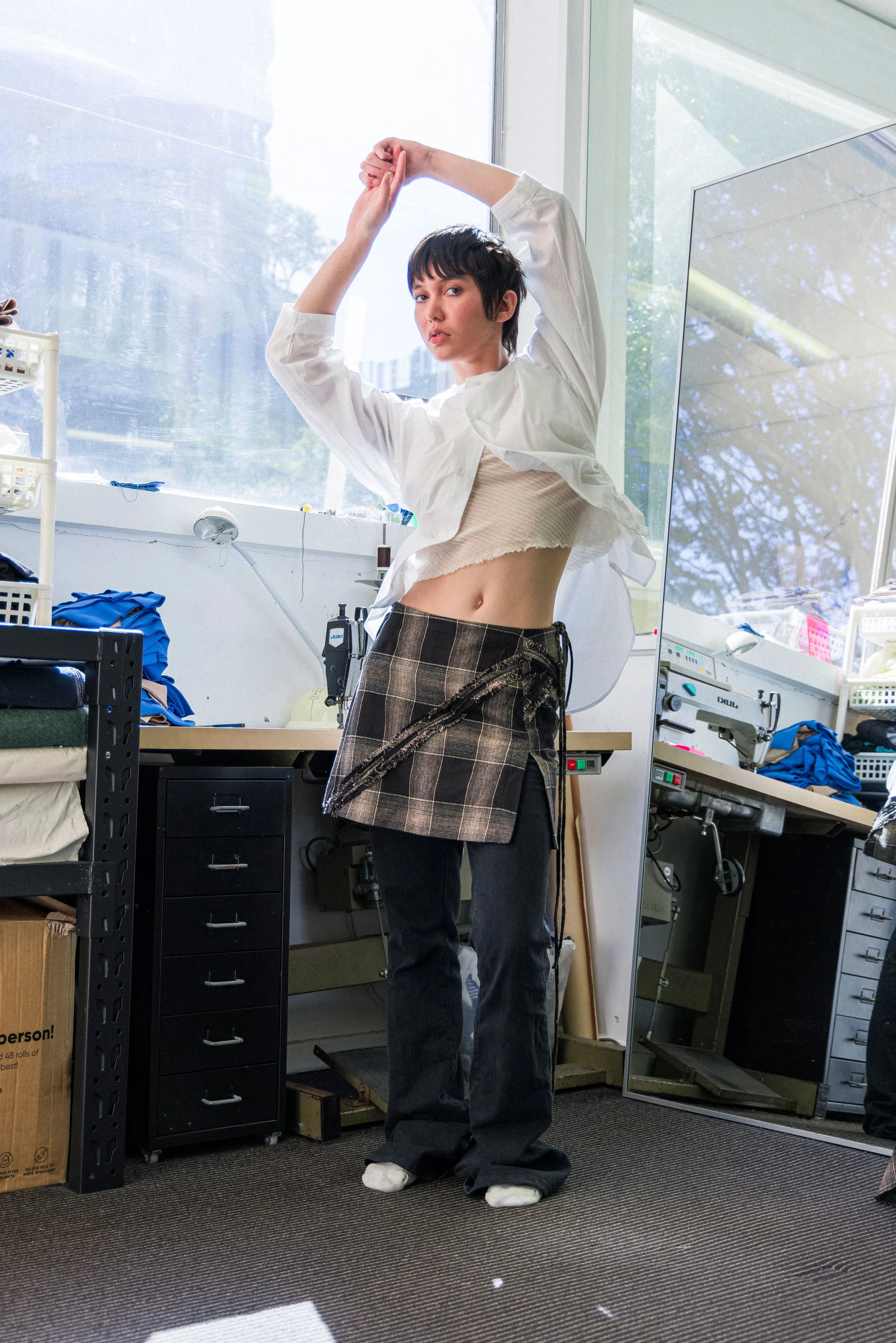 Raglan Dress Shirt in White Self-stripe Cotton available at Open House West End. Paired with the Equilibrium Mini Skirt available at Practice Studio