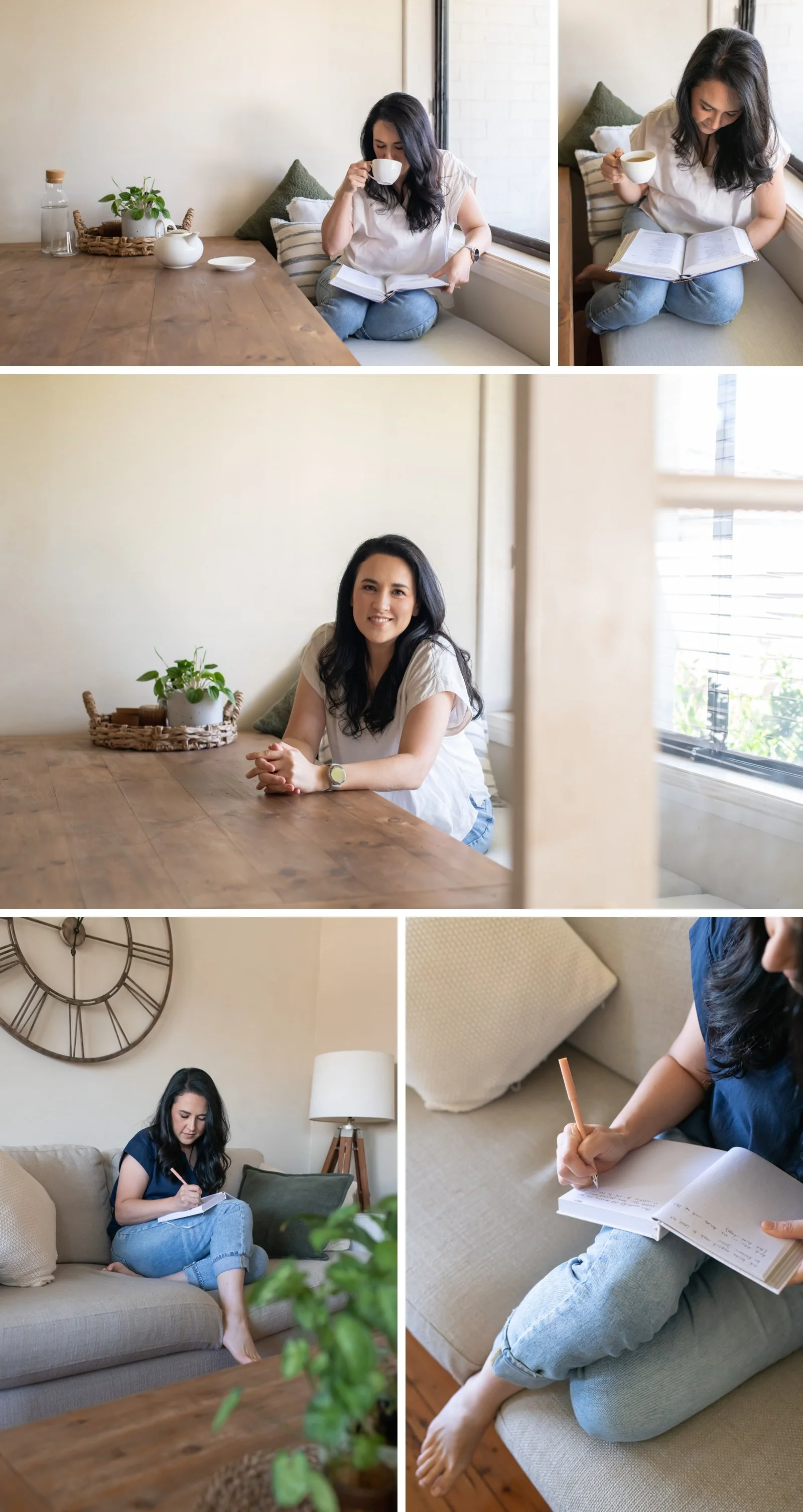 female author reading the bible at the dining room table
