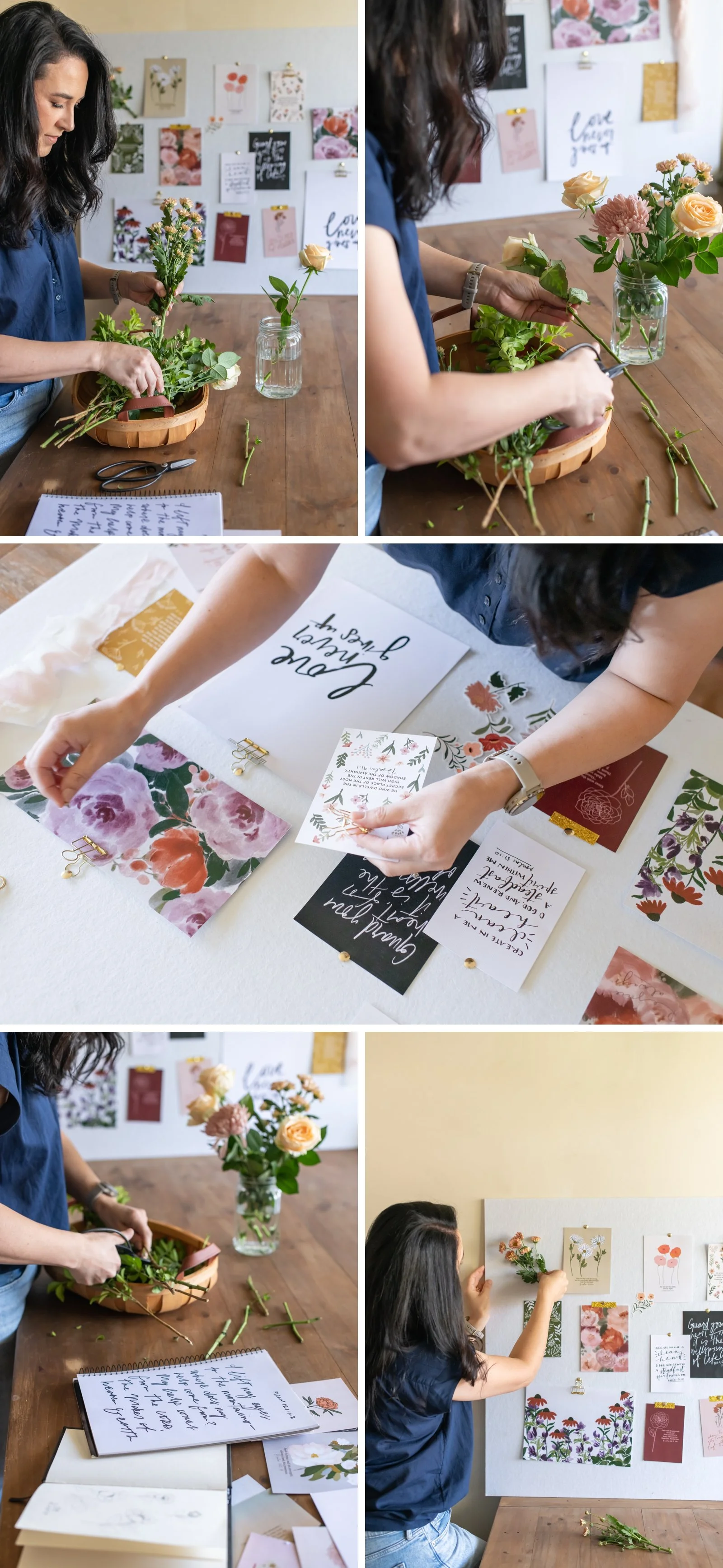 female author trimming flower and putting them in a vase, and also pinning them to a floral inpiration board.
