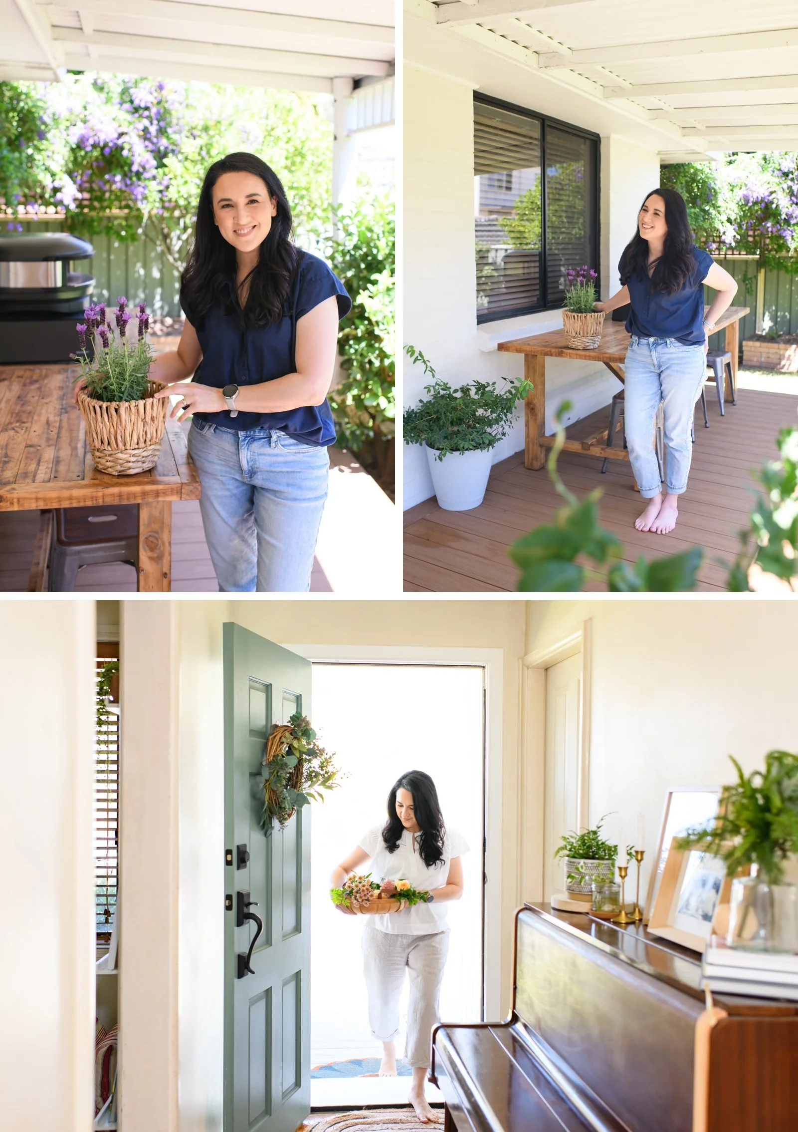 female author at home in the garden with some cut flowers.