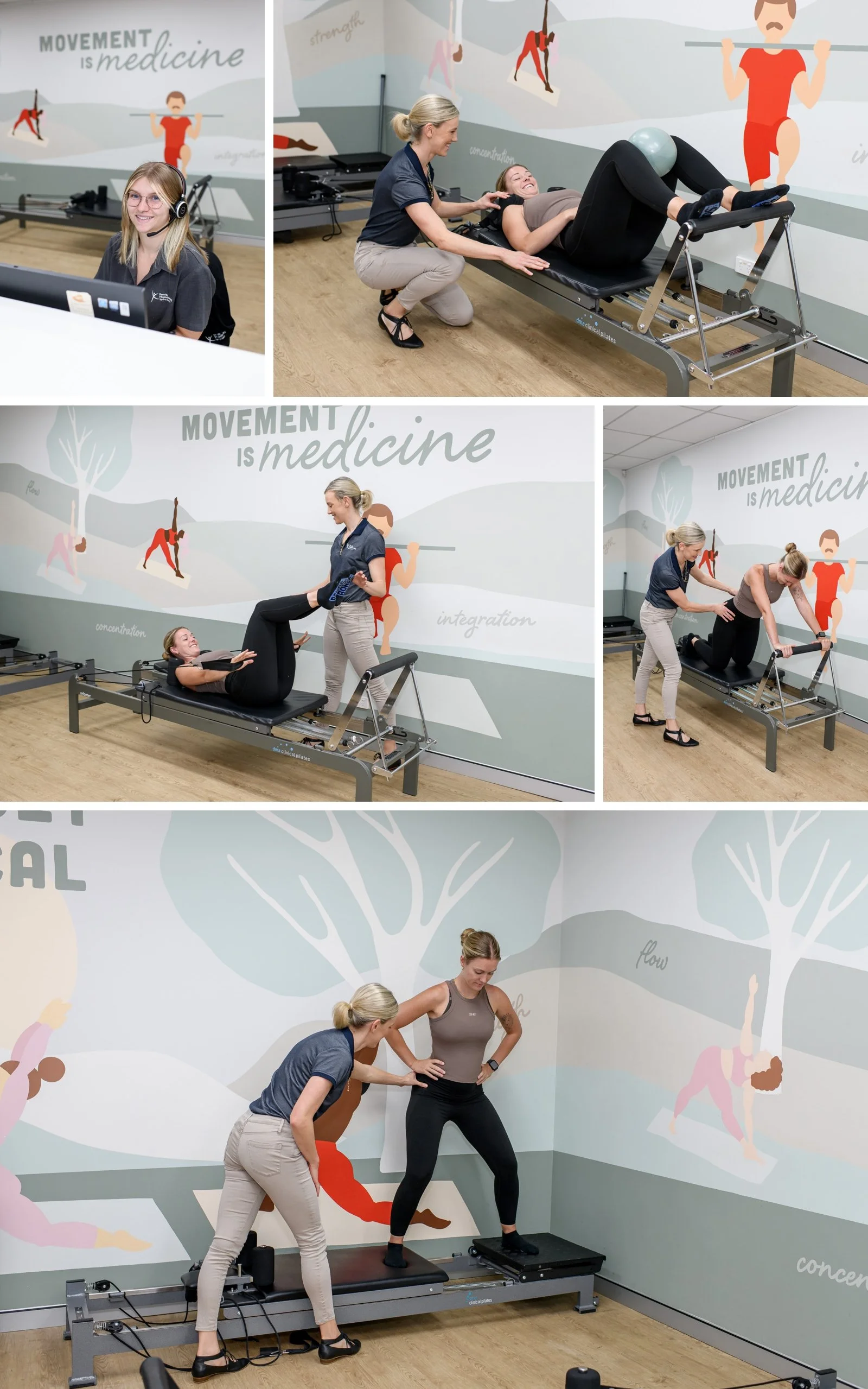 Sydney healthcare professional treating woman post partum in pilates studio
