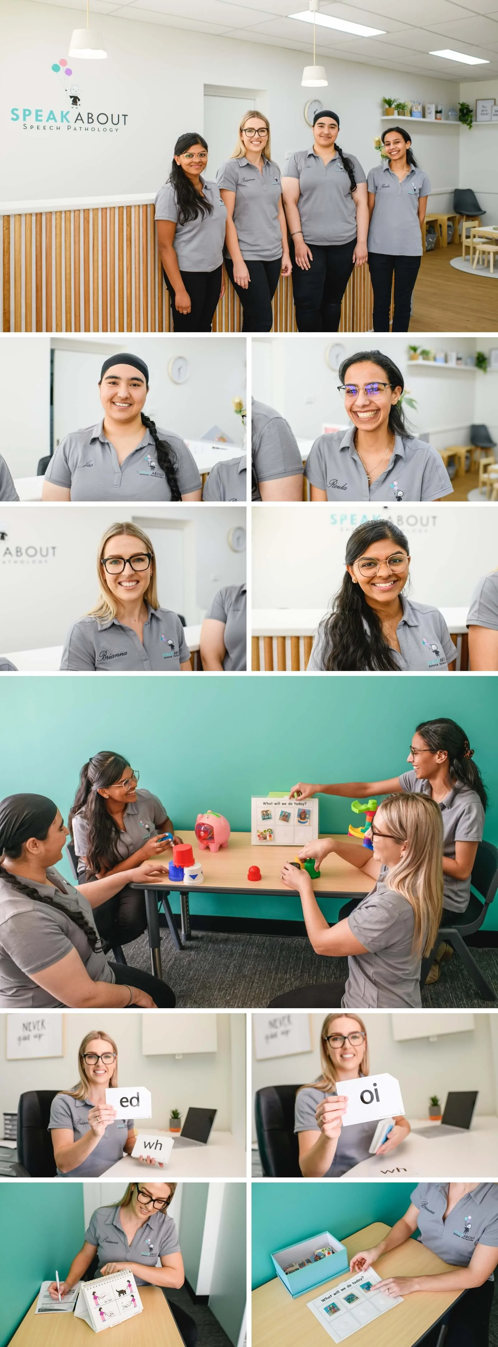 Series of photos of team of Speech Pathologists holding up teaching aides