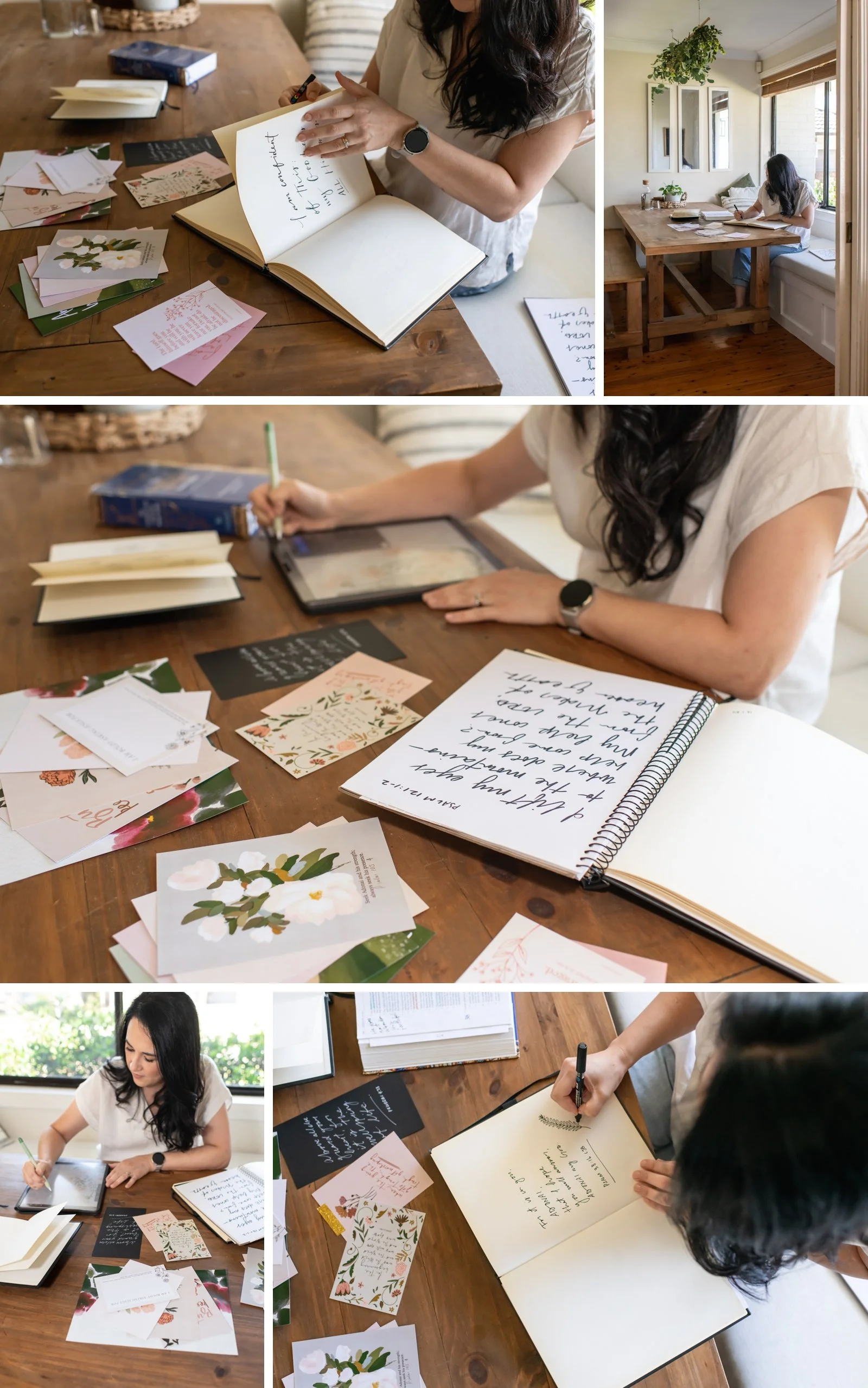 photos of a female author and artist sitting at the dining room table, designing the artwork for her new book.