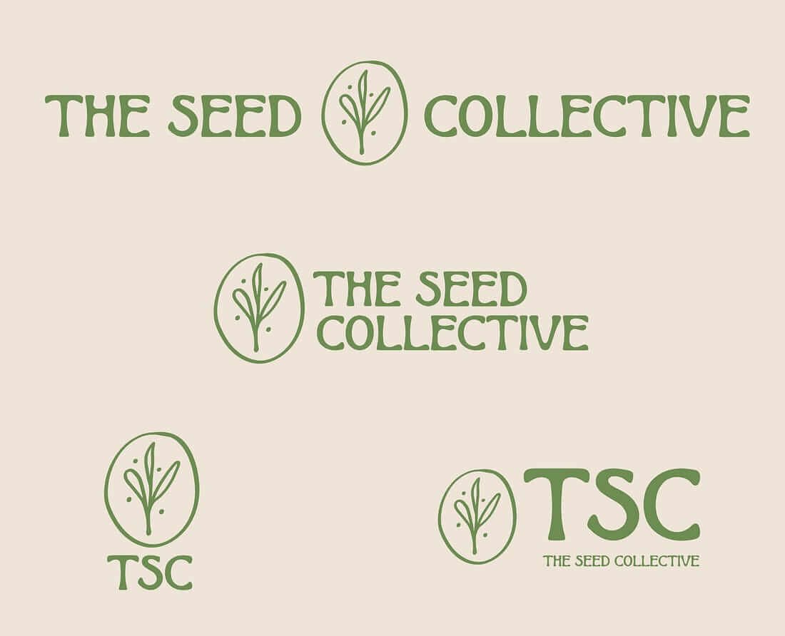 4 options of logo options for brand the seed collective in green font displaying Janelle Key brand consultants view about the uses and pitfalls of acronyms in small business marketing