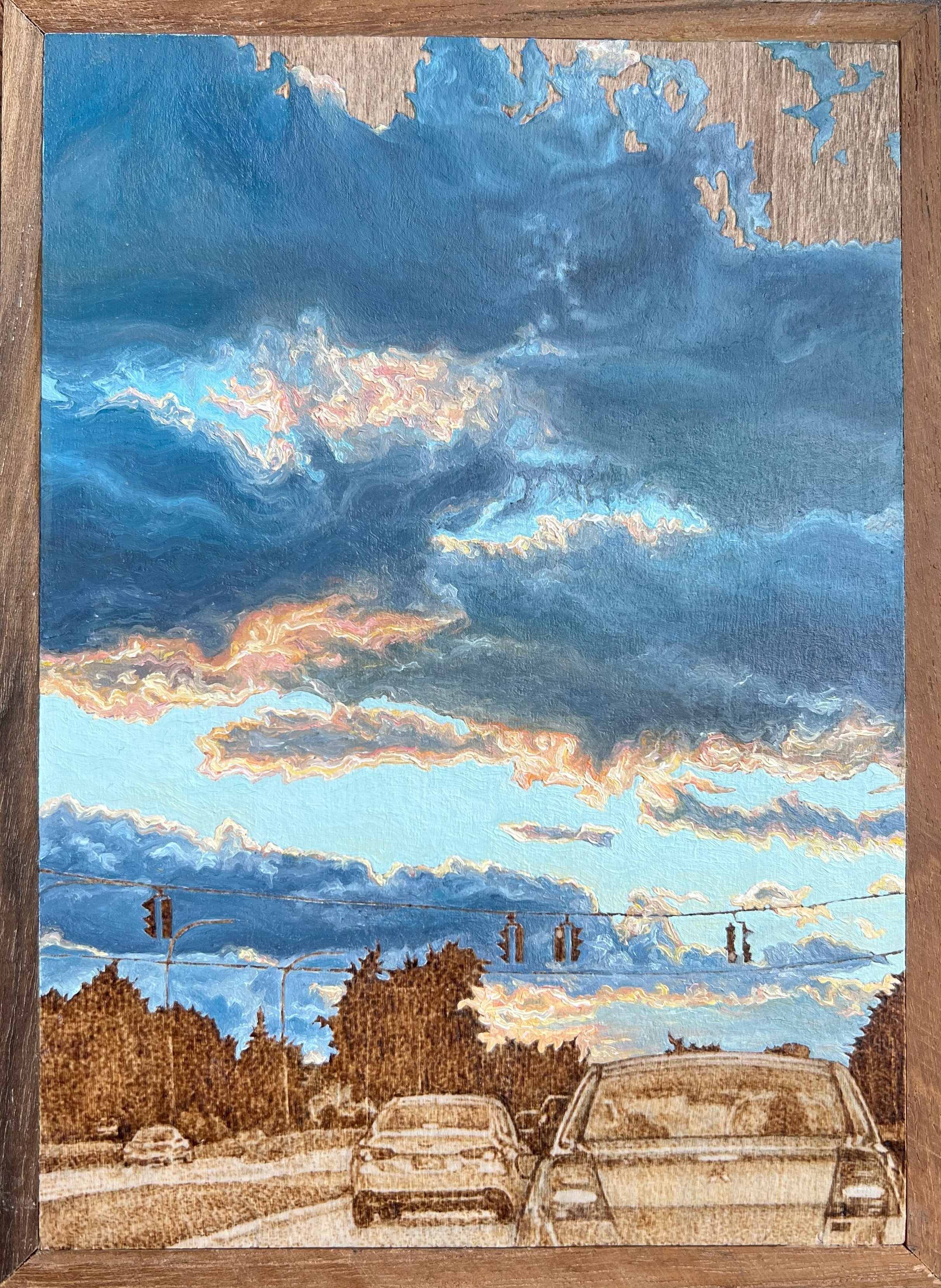 Sheridan Sky - 2022, oil and pyrography on basswood, 7 1/2 x 5 1/2"