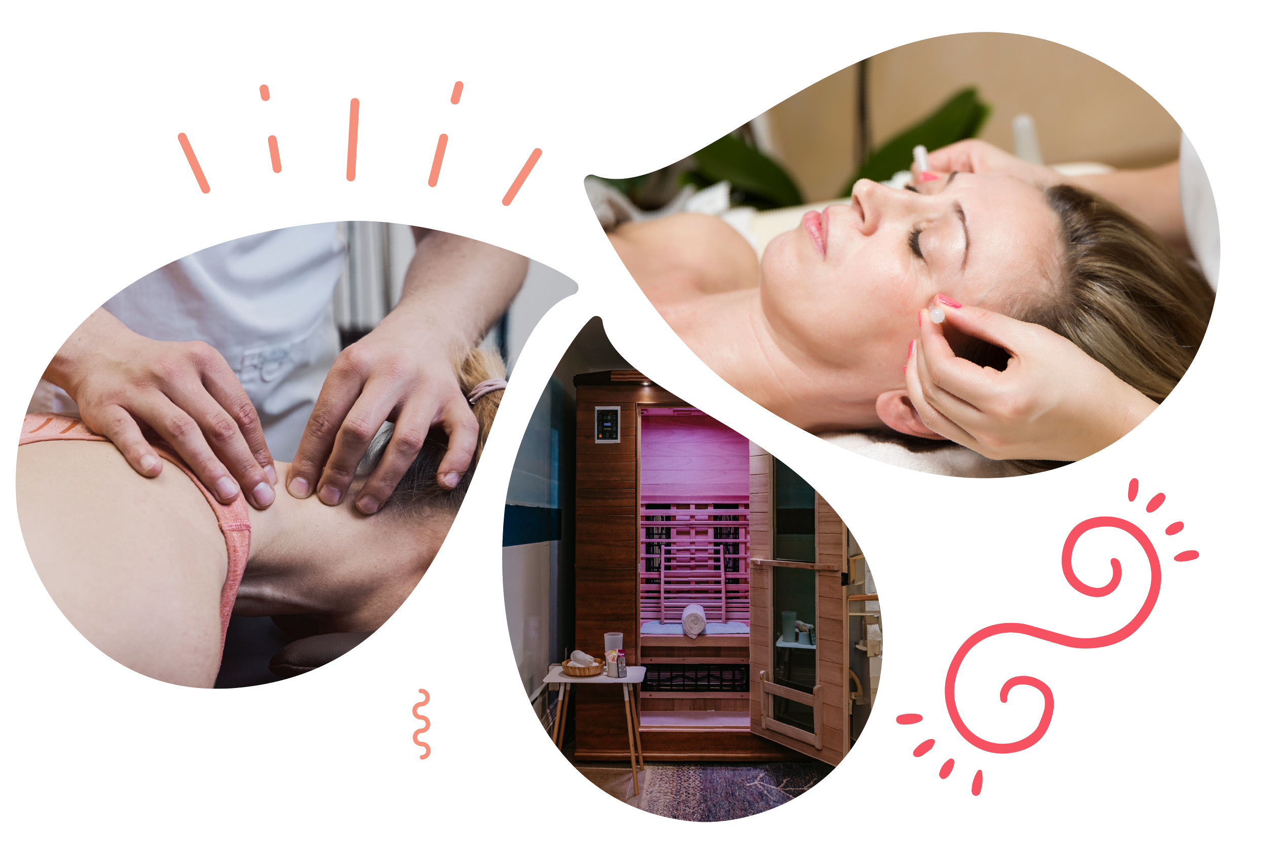A collage showing massage, facial treatment, and infrared sauna as part of wellness packages.