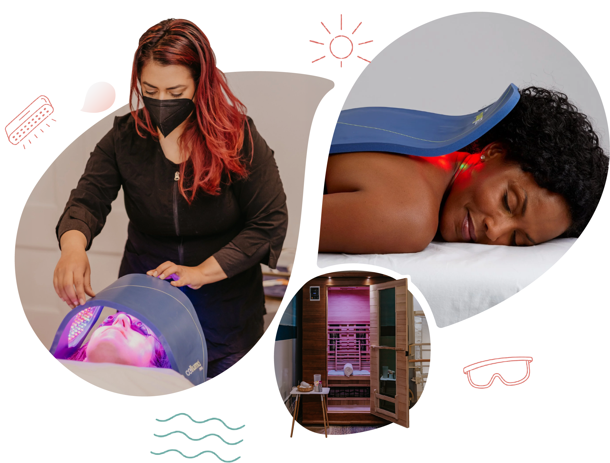 A collage showing LED light therapy, infrared heat therapy, and an infrared sauna as part of holistic wellness treatments.