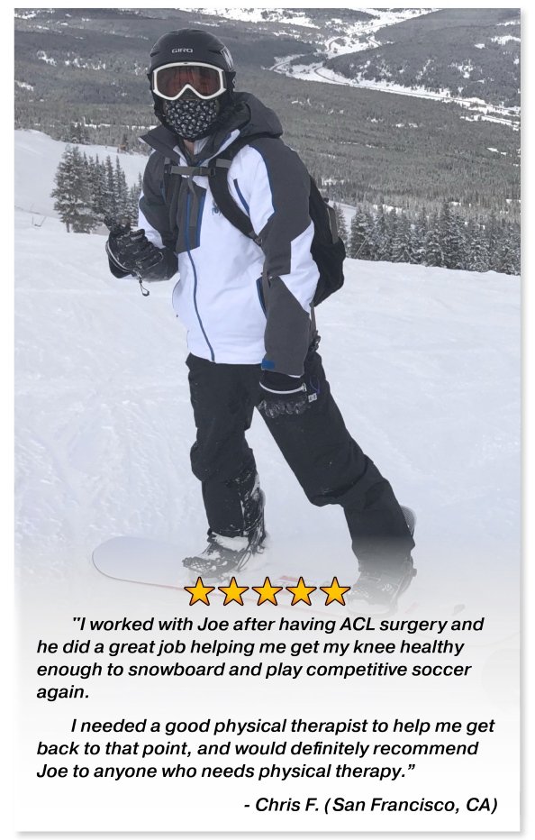 ACL surgery patient testimonial showing return to snowboarding and competitive soccer after physical therapy with Dr. Joe Mateo.