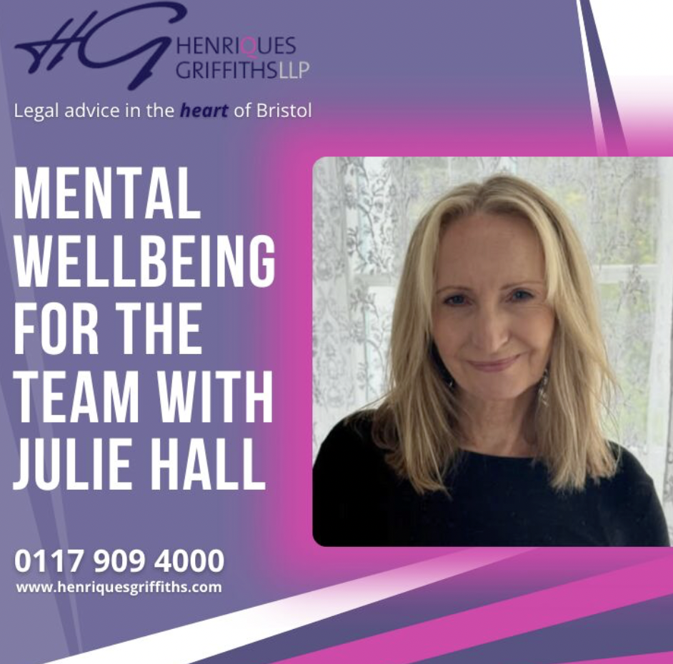 Photo of Julie promoted by law firm, for her services to workplace wellbeing