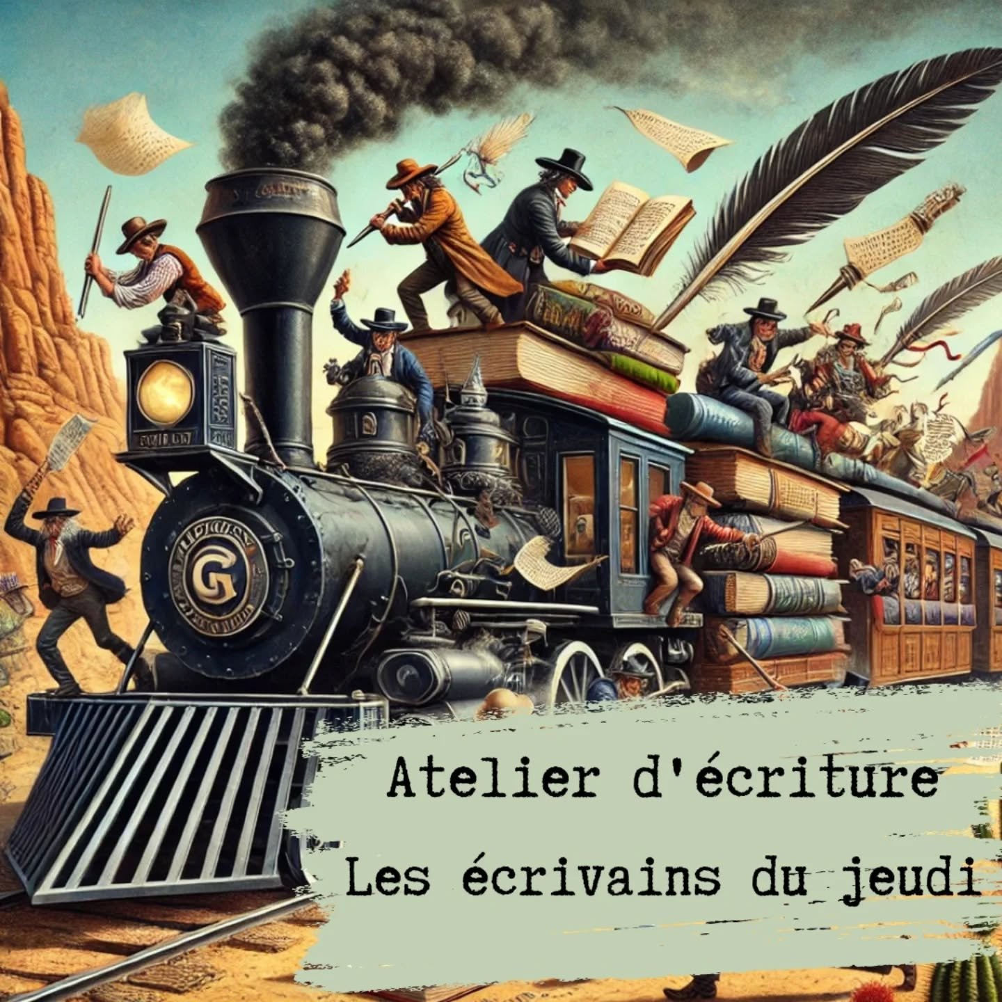 Atelier d'&eacute;criture du 16 janvier 2025 inspir&eacute; du jeu de soci&eacute;t&eacute; Colt Express, anim&eacute; par @m.g.nold

&Eacute;chauffement (⏳️5 minutes)

Imaginez-vous en 1899 &agrave; bord d&rsquo;un train du Far West. 🌵 D&eacute;cri