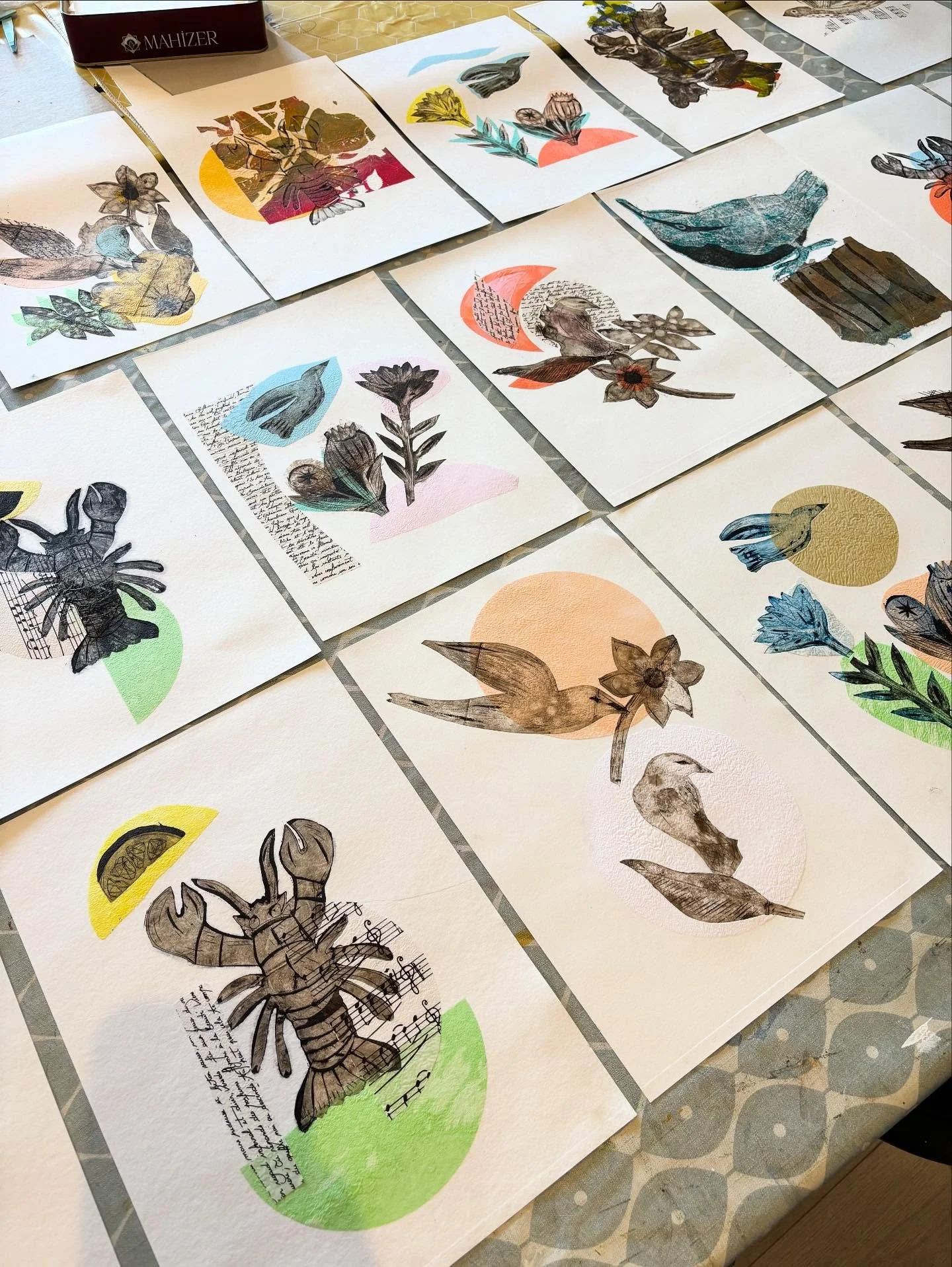 S U M M E R  S C H O O L  workshops were super lovely and fun this year, thank you to all who came along! We tried some new processes including Chine Colle, seen here with Tetrapak. It&rsquo;s a bit messy and fiddly but so worth it for that little bi