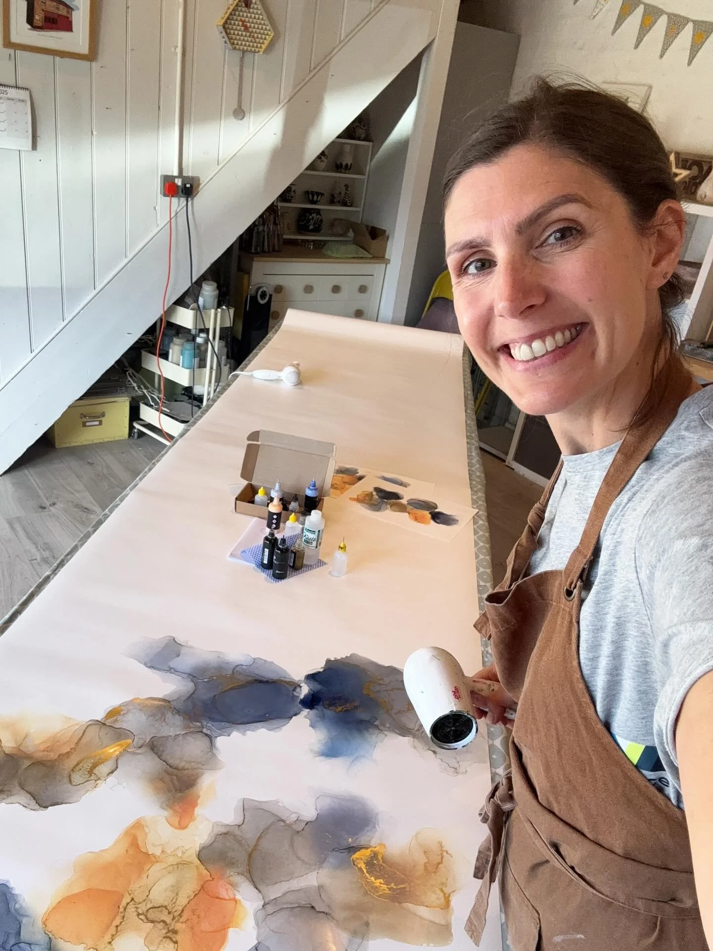 H A P P Y  P L A C E  Lovely day last week spent making this huge alcohol ink painting @thehivedunhammassey Having access to the classroom means I can scale up and have some fun! This piece is destined to be framed in sections but I wanted to work on
