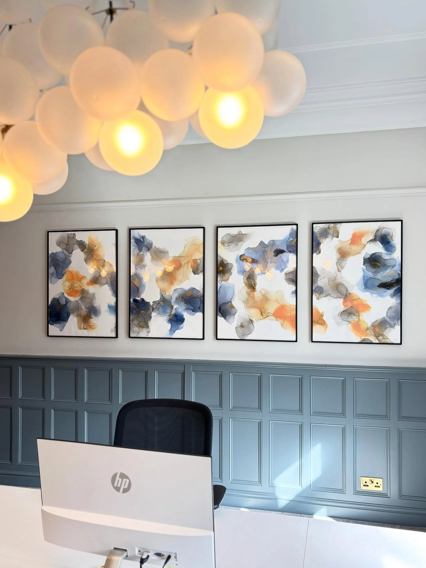 Here they are! This is the really large alcohol ink painting I was working on in its new home, the awesome offices of @heatableuk 

I&rsquo;m so pleased with how they fit into the space and catch the light beautifully ✨✨✨ Thank you so much to Kate @b