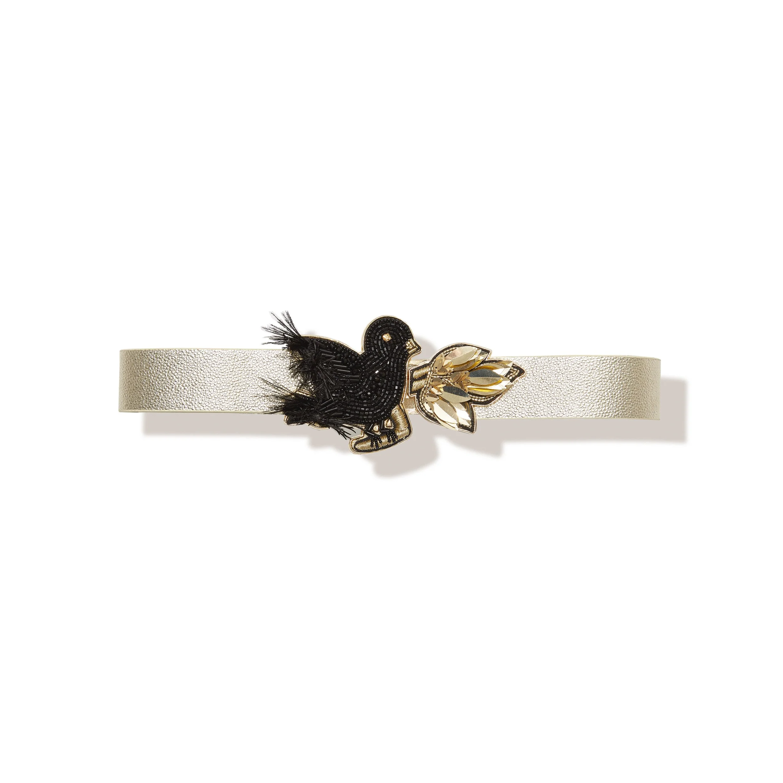 Reversible silver and gold belt strap shown on gold side with black raven beaded buckle